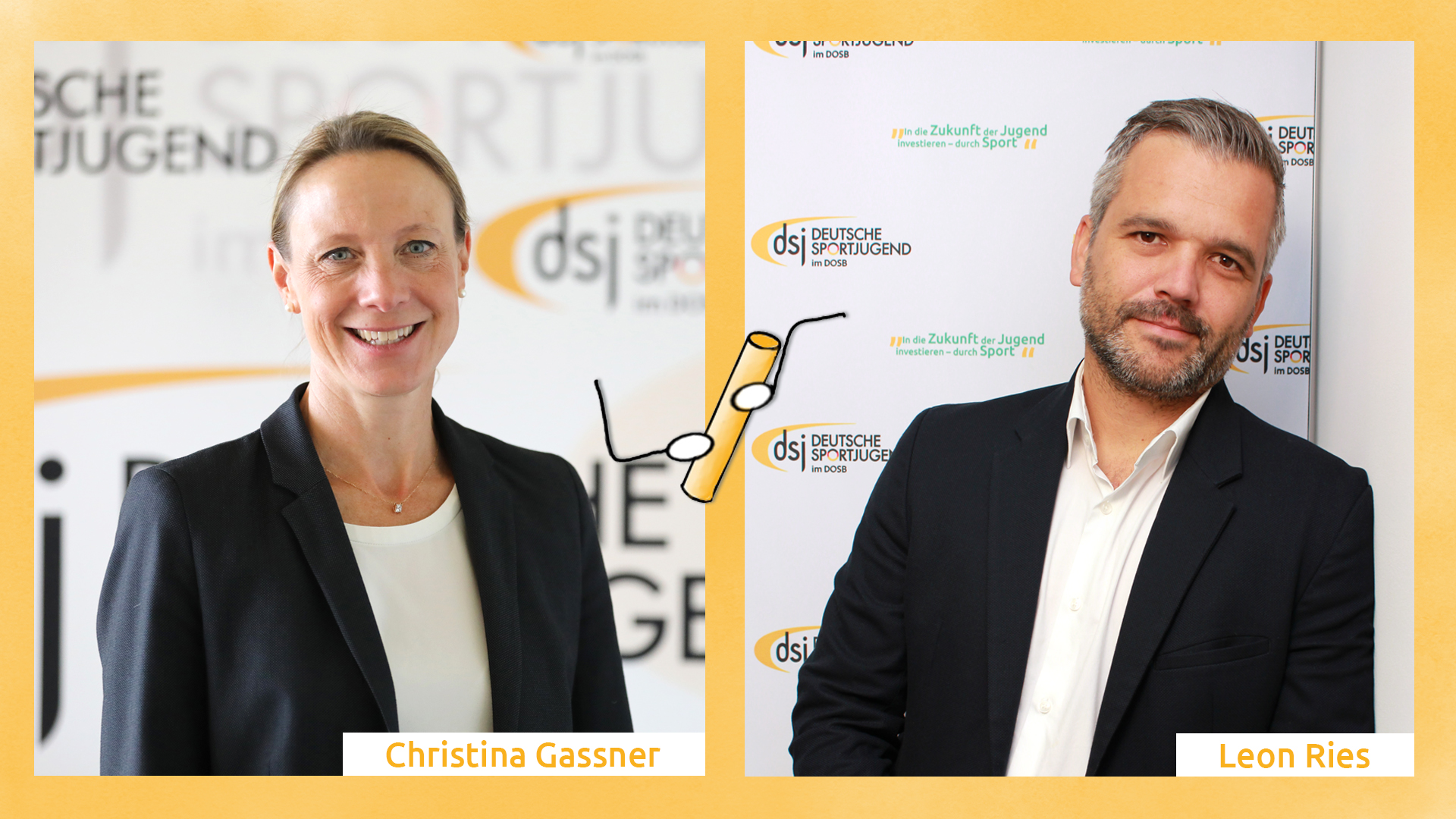 Staffelübergabe Portraitfoto von Christina Gassner auf der linken Seite und Leon Ries auf der rechten Seite.