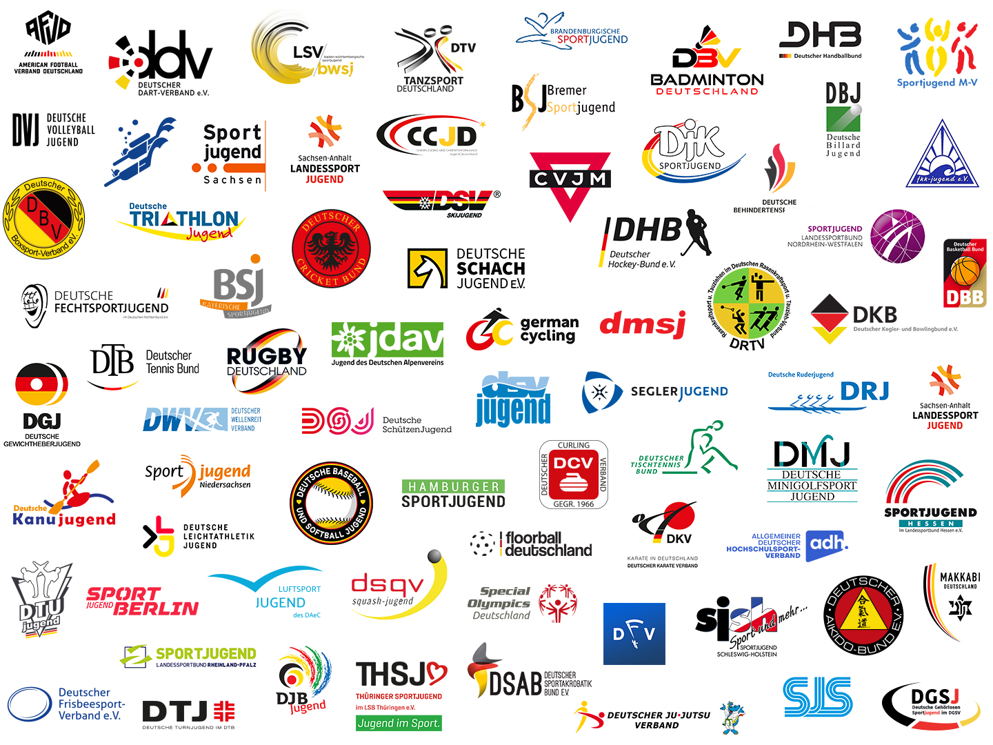Collage mit den Logos der Mitgliedsorganisationen der Deutschen Sportjugend. Die Logos verschiedener Sportverbände und Jugendorganisationen stehen für eine breite Vielfalt an Sportarten und Engagementbereichen im Kinder- und Jugendsport in Deutschland.
