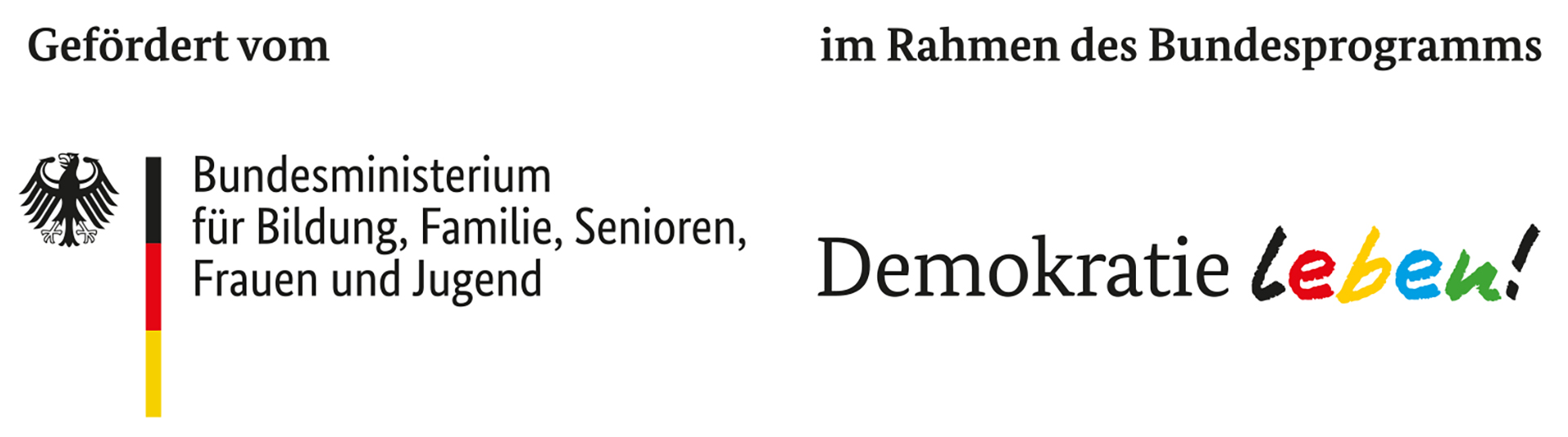 Logo des Bundesministeriums für Bildung, Familie, Senioren, Frauen und Jugend neben dem Schriftzug 'Demokratie leben!' im Rahmen des Bundesprogramms