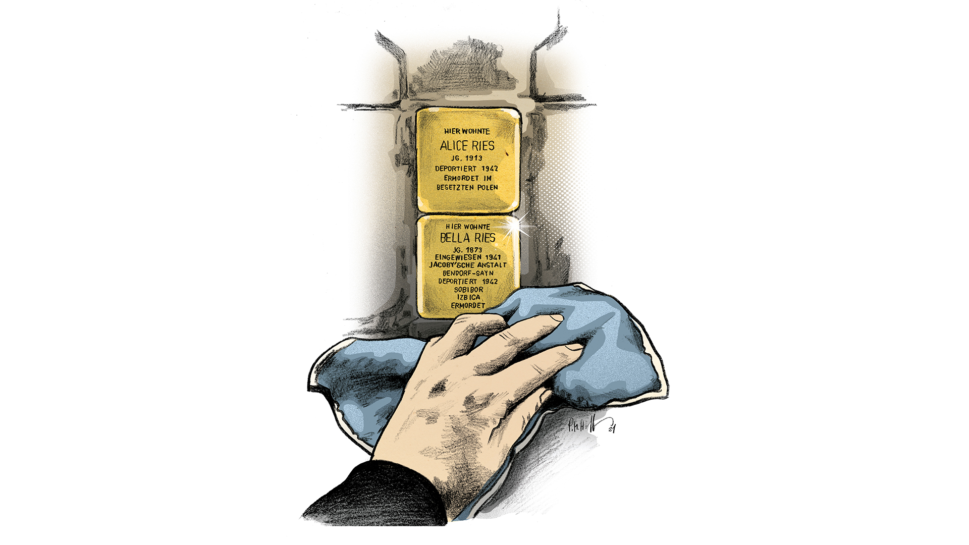 Illustration einer Hand, die zwei Stolpersteine mit den Namen der deportierten und ermordeten Alice Ries und Bella Ries poliert – symbolisches Gedenken am 27. Januar, dem Tag des Gedenkens an die Opfer des Nationalsozialismus, als Mahnung für Demokratie und Verantwortung im Sport.