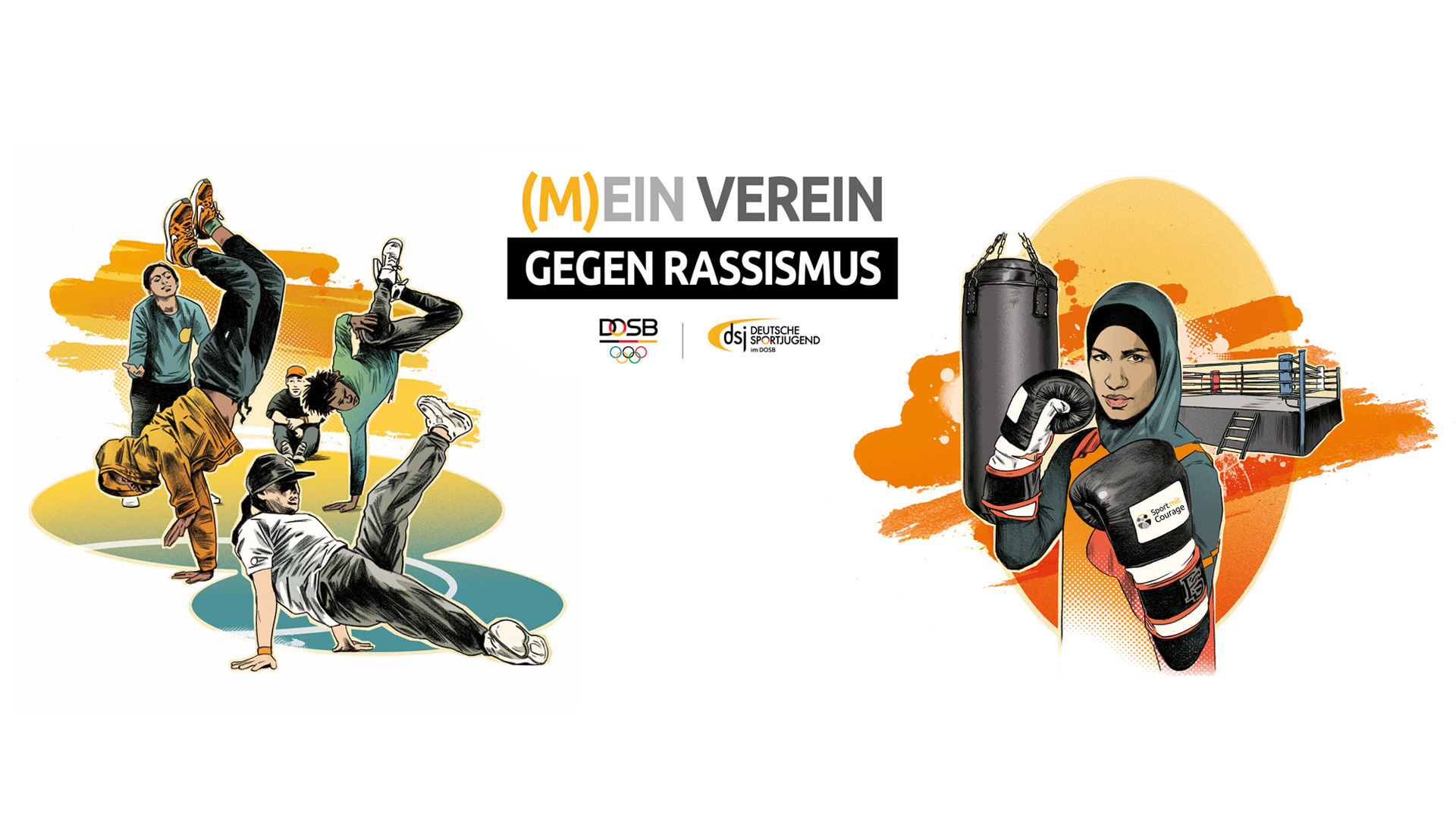 Illustration mit vier Breakdancern in dynamischen Posen links, rechts Boxhandschuhe vor einem Boxsack und einer Boxring-Silhouette, Text 'Mein Verein gegen Rassismus' und Logos des DOSB und der Deutschen Sportjugend.