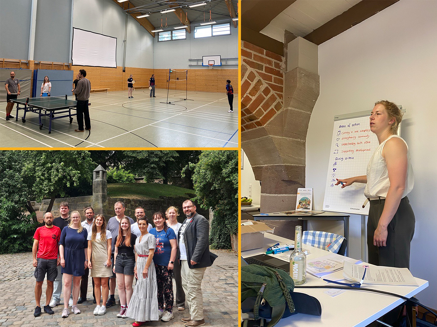 Eindrücke des deutsch-tschechischen Fachkräfteaustauschs: Teilnehmende bei Sport- und Bewegungsangeboten, einer Gruppenaufnahme sowie bei einem Workshop mit Präsentation und Diskussion.