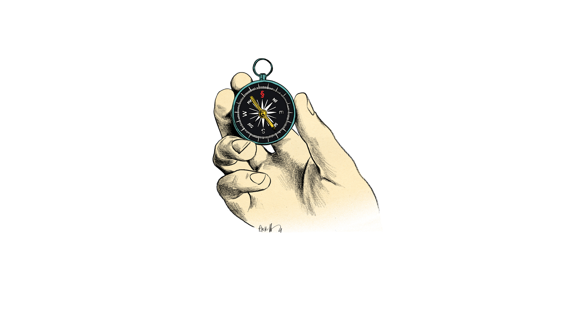 Illustration einer Hand, die einen Kompass zwischen Daumen und Zeigefinger hält; die Nadel zeigt nach Süden, dargestellt vor einem neutralen, hellen Hintergrund.