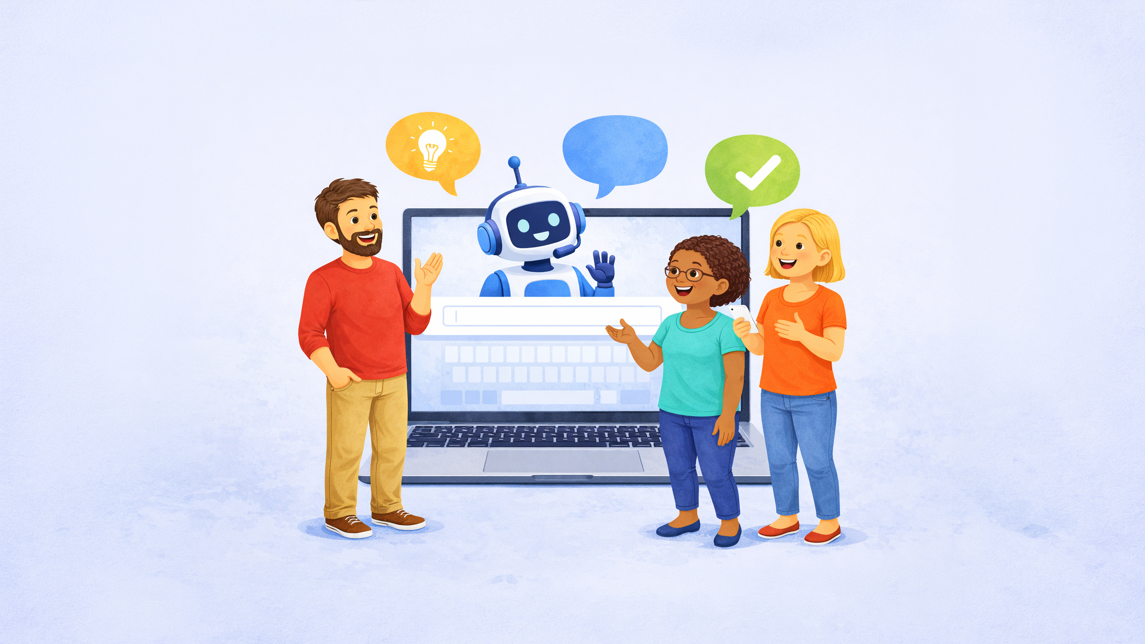 Illustration eines Chatbots auf einem Laptop, der mit mehreren Personen digital kommuniziert und Vereine bei Fragen zum Ganztag unterstützt.