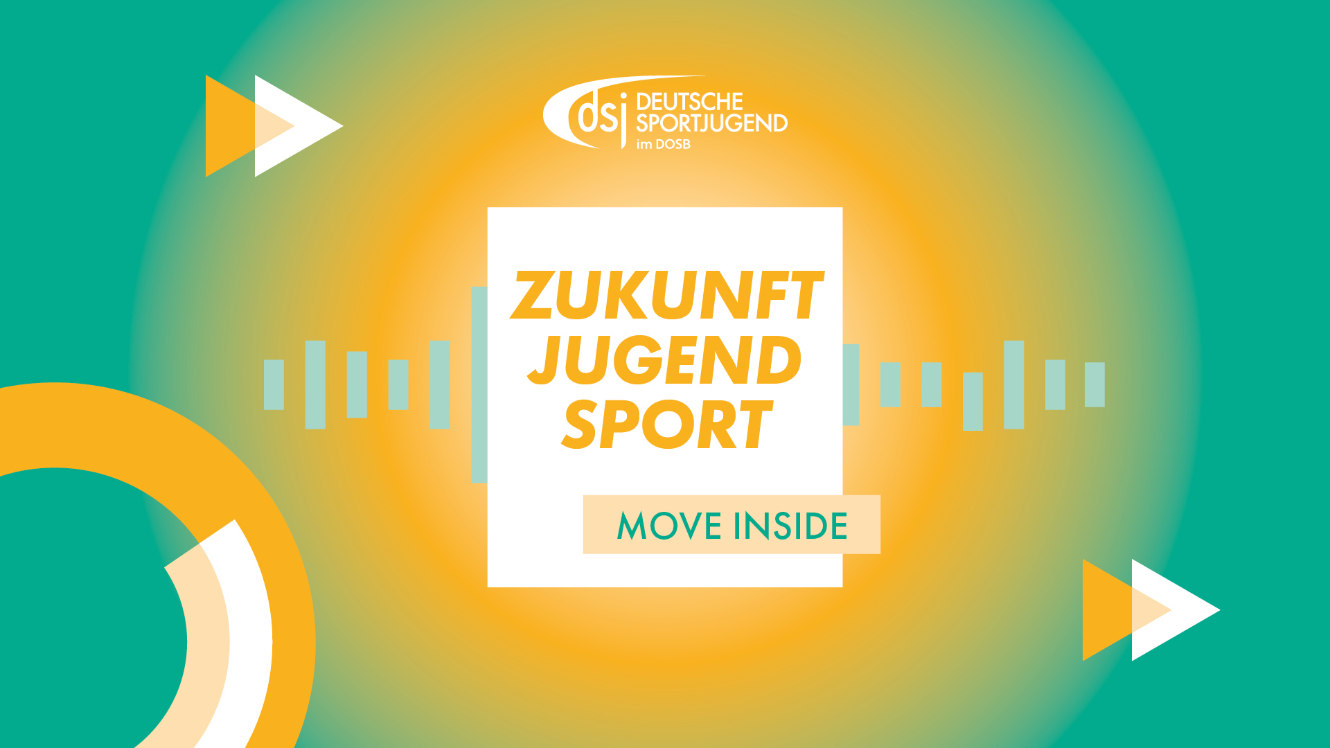 Grafik für den MOVE Inside Podcast. Text: 'ZUKUNFT JUGEND SPORT MOVE INSIDE'. Hintergrund in Türkis mit gelben und weißen geometrischen Formen.