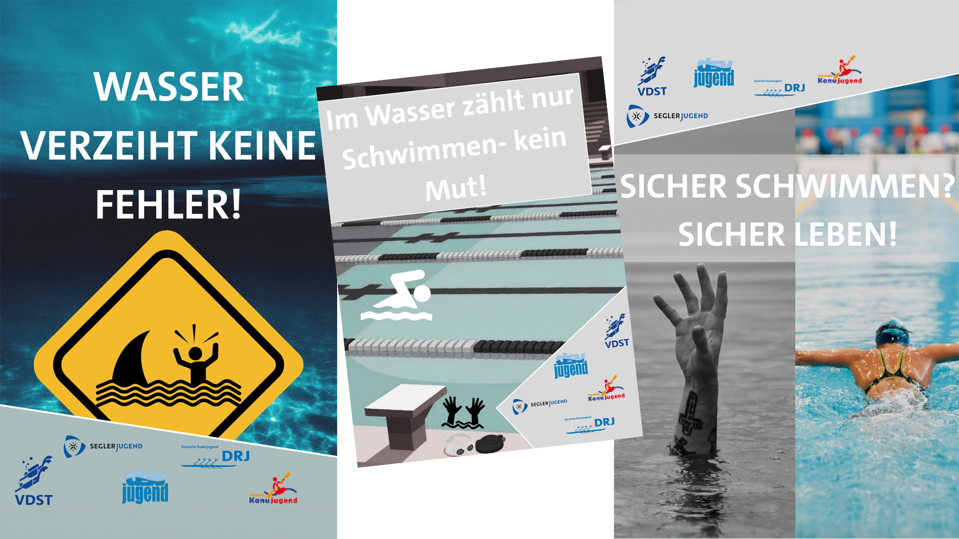 Collage von Wassersportjugenden mit Sicherheitsbotschaften zum Schwimmenlernen: Warnschild vor Ertrinkungsgefahr, Schwimmbadbahn mit Symbolfigur und Slogans wie ‚Wasser verzeiht keine Fehler‘ und ‚Sicher schwimmen – sicher leben‘; Hinweis auf Petition zur bundesweiten Stärkung der Schwimmausbildung.