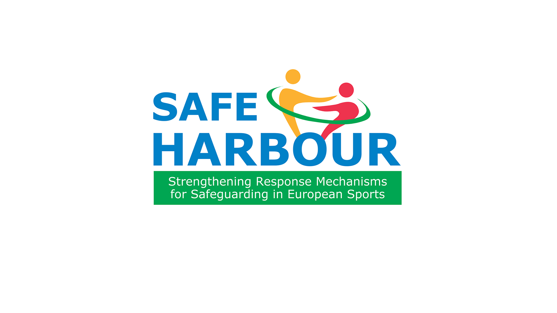 Logo des Projekts „Safe Harbour – Strengthening Response Mechanisms for Safeguarding in European Sports“ mit zwei stilisierten Figuren in Gelb und Rot, die von einer grünen Linie umgeben sind.