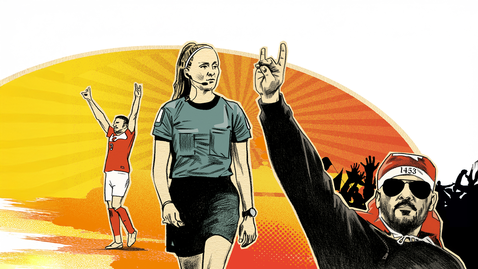 Illustrative Grafik aus dem Sportkontext mit Schiedsrichterin, jubelndem Fußballspieler und Fanszene, die auf problematische Fankultur, extremistische Symbolik und die Notwendigkeit von Prävention und Sensibilisierung gegen Rechtsextremismus im Sport hinweist.