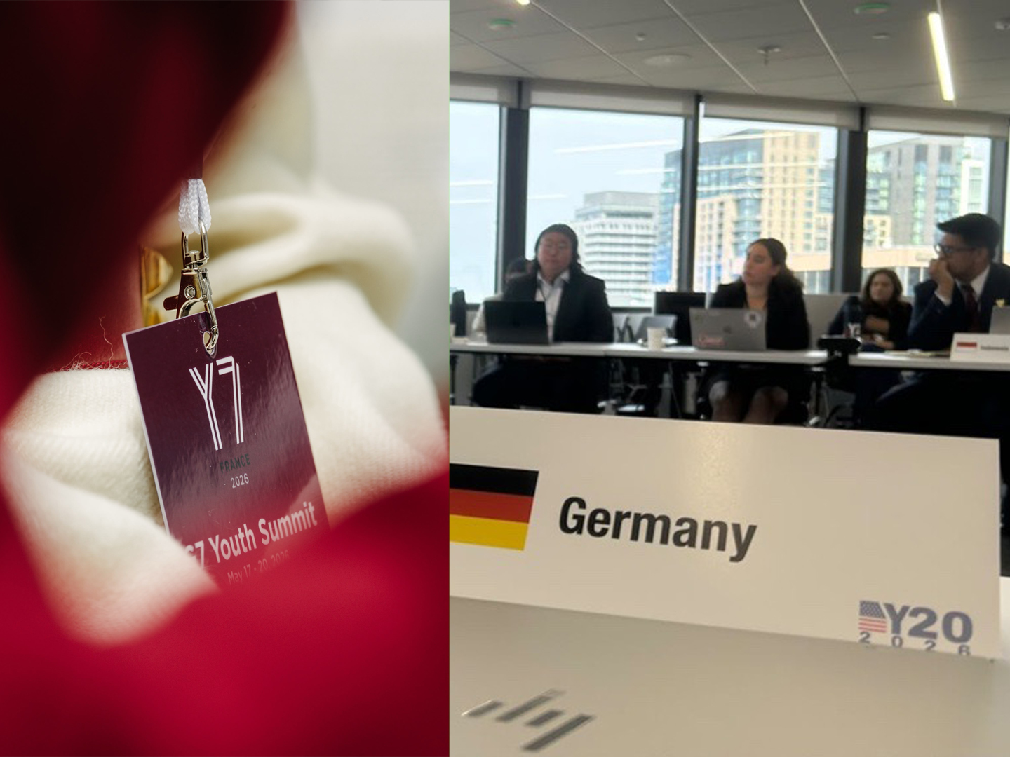 Ein Namensschild mit der Aufschrift "Y7 Youth Summit" hängt an einem Kleidungsstück. Im Hintergrund sind Teilnehmer an einem Tisch zu sehen, mit Laptops und einem Schild, das "Germany" zeigt.