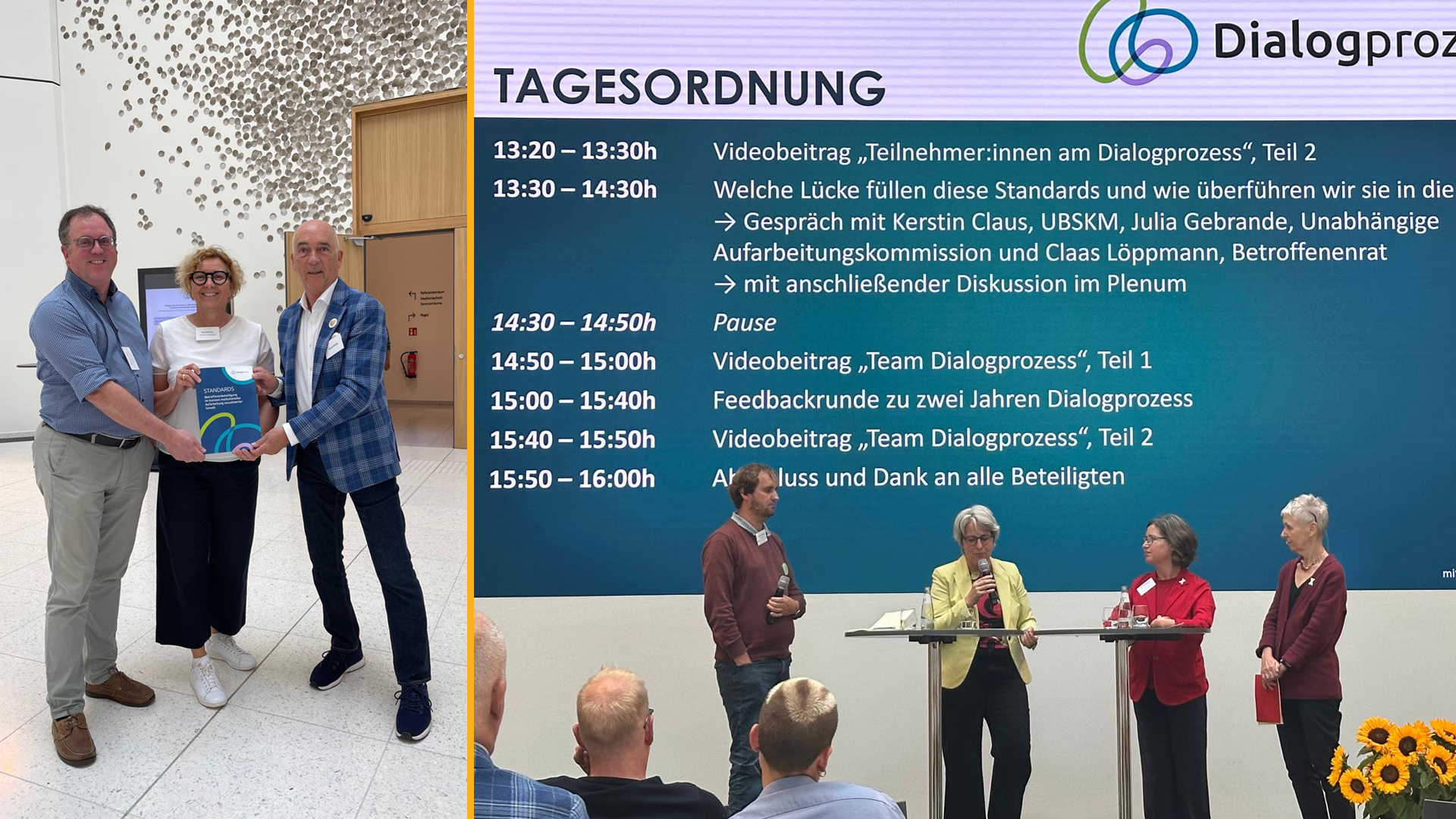 Drei Personen die eine Handreichung in der Hand halten, rechts eine Veranstaltungstafel mit Tagesordnung zum Dialogprozess zu Standards der Betroffenenbeteiligung.