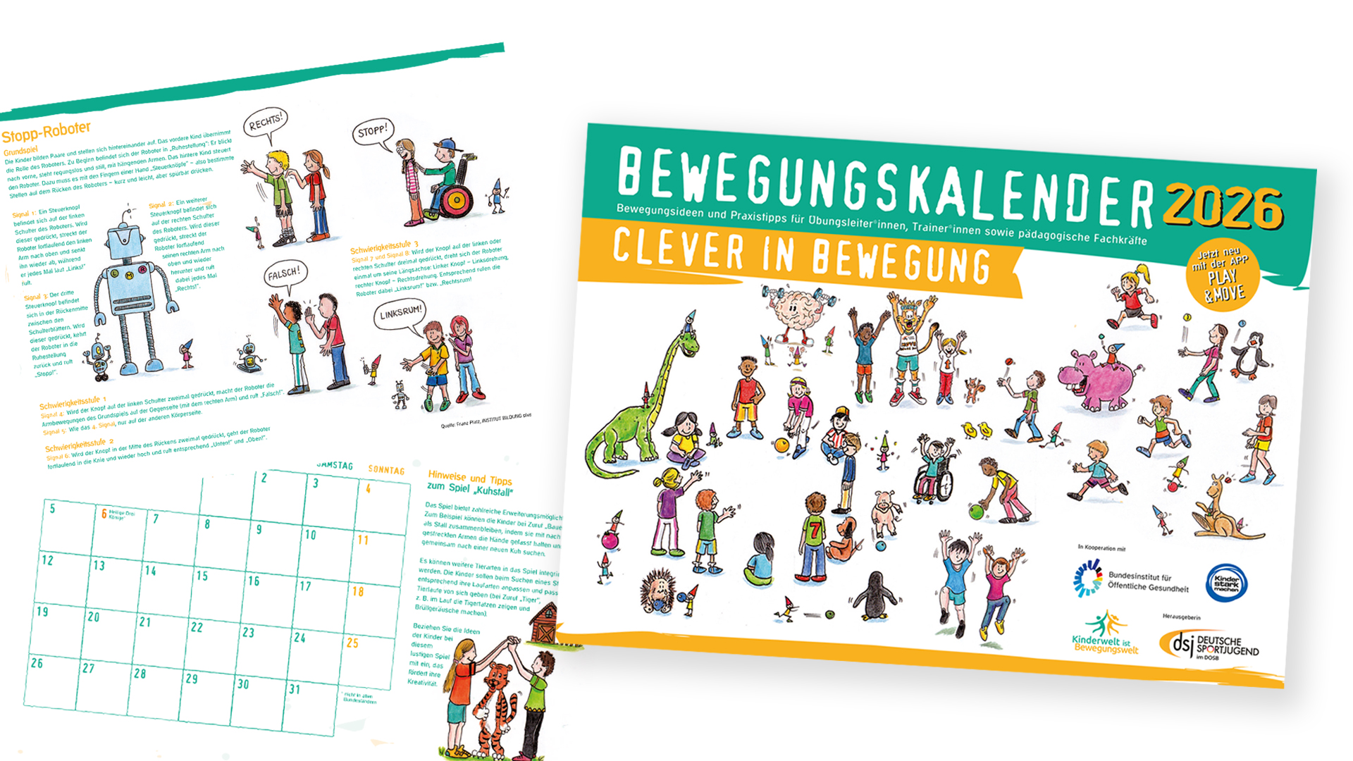 Der dsj-Bewegungskalender 2026 zeigt bunte Illustrationen von Menschen und Tieren in verschiedenen Bewegungsaktivitäten. Oben steht 'Clever in Bewegung'.
