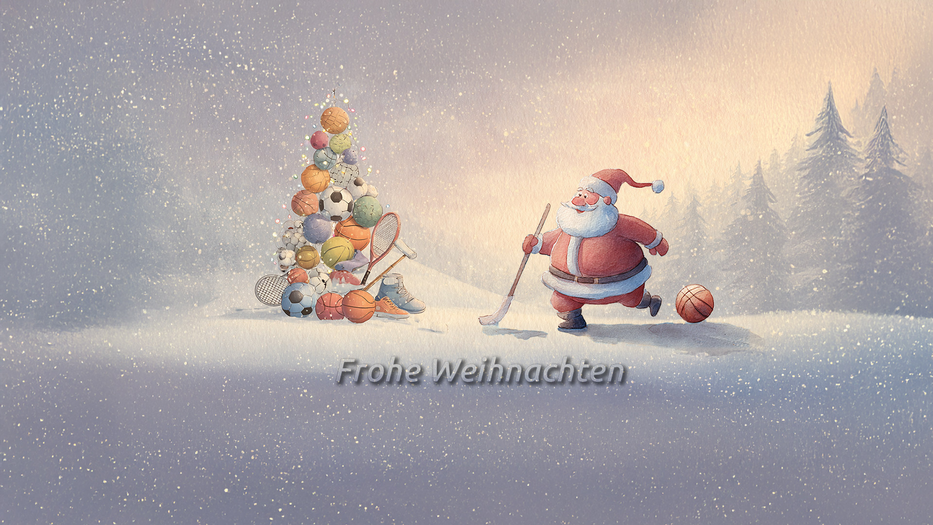 Ein Weihnachtsbaum, der aus verschiedenen Sportbällen wie Fußball, Basketball, Tennisball, Volleyball und anderen zusammengesetzt ist, steht links im Bild. Vor dem Baum liegen ein Tennisschläger und ein Paar Sportschuhe. Rechts davon läuft ein fröhlich wirkender Weihnachtsmann mit rotem Anzug und Mütze, der einen Hockeyschläger hält. Im Vordergrund steht der Schriftzug 'Frohe Weihnachten'. Der Hintergrund zeigt eine verschneite Winterlandschaft mit Tannenbäumen und fallendem Schnee.
