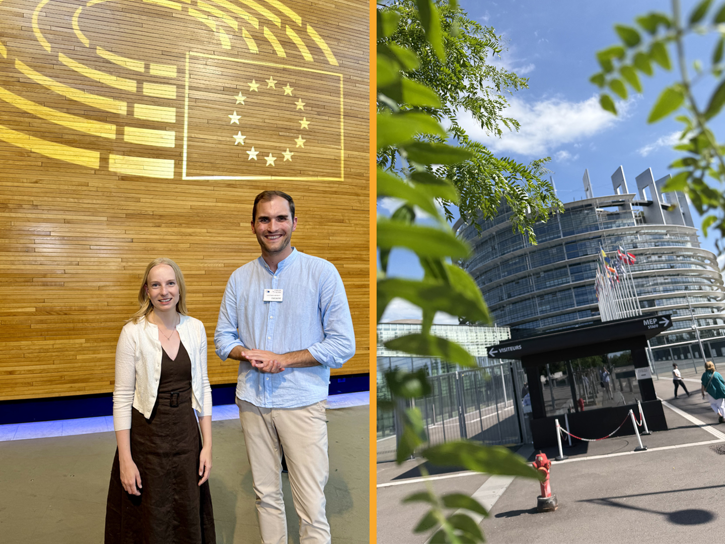 Zwei Personen stehen im Europäischen Parlament in Straßburg vor einer Wand mit EU-Flagge; links Luca Wernert und Sabrina Repp. Rechts Außenaufnahme des Gebäudes des Europäischen Parlaments. Kontext: dsj im Europäischen Parlament.