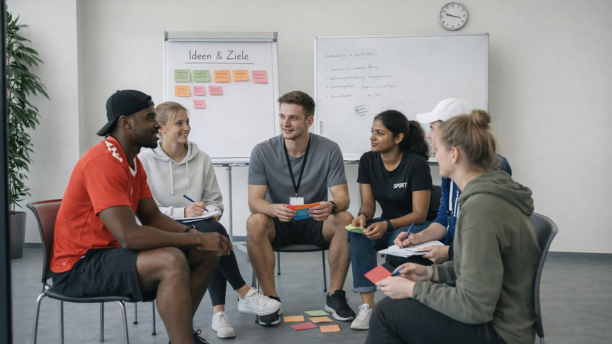 Jugendliche sitzen im Kreis und arbeiten in einem Workshop gemeinsam mit Moderationskarten an Ideen und Zielen.