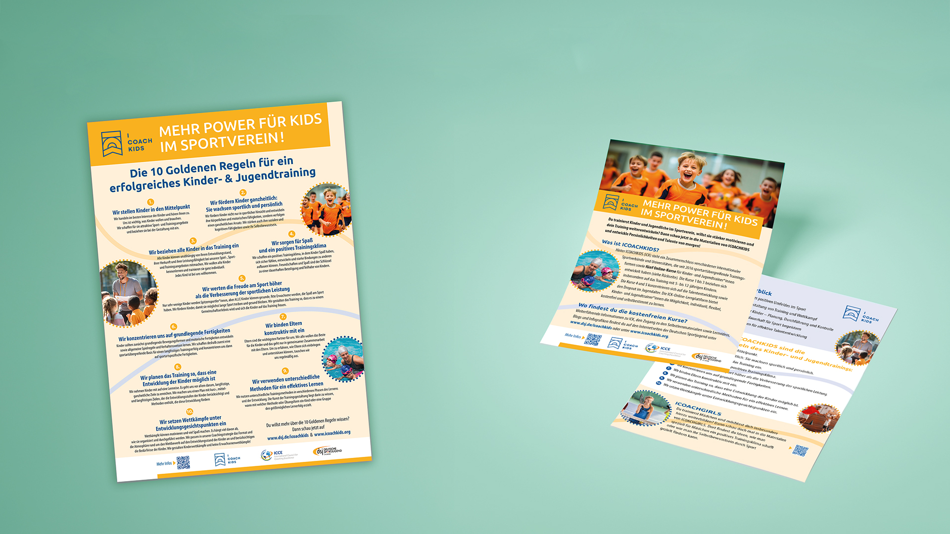 Plakat und Flyer mit den 10 Goldenen Regeln von ICOACHKIDS für erfolgreiches Kinder- und Jugendtraining im Sportverein, mit Fotos von Kindern beim Sport