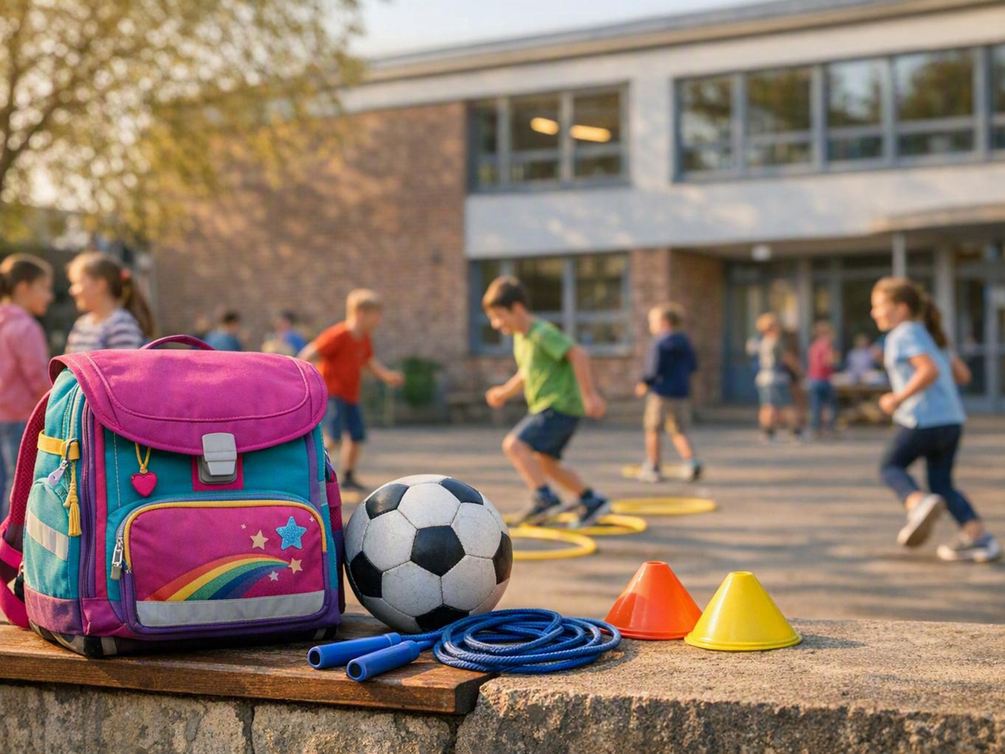 Ein bunter Schulranzen steht auf einer Bank, daneben ein Fußball, mehrere Kegel und ein Seil. Im Hintergrund spielen Kinder auf einem Schulhof.