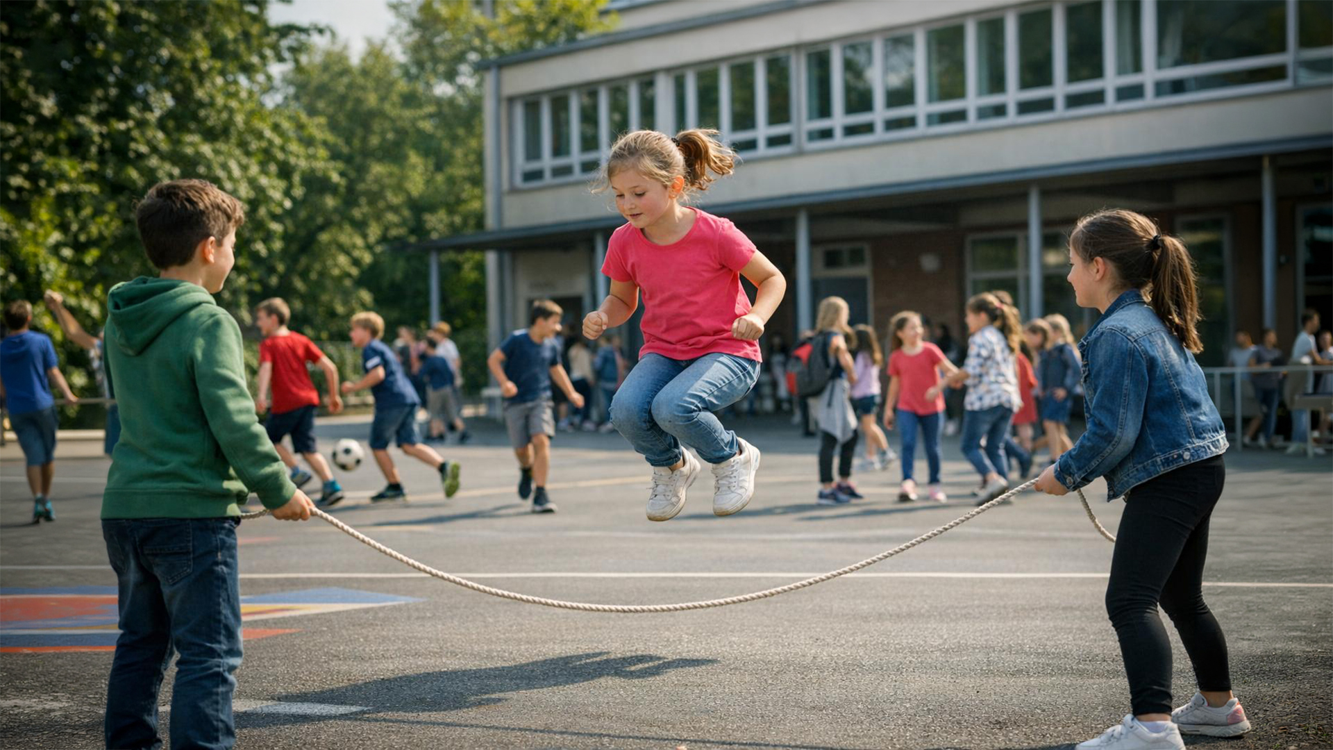 Kinder spielen und bewegen sich auf einem Schulhof: Ein Kind springt Seil, während andere laufen und Ball spielen. Die Szene zeigt vielfältige Bewegungs- und Spielmöglichkeiten im schulischen Alltag.
