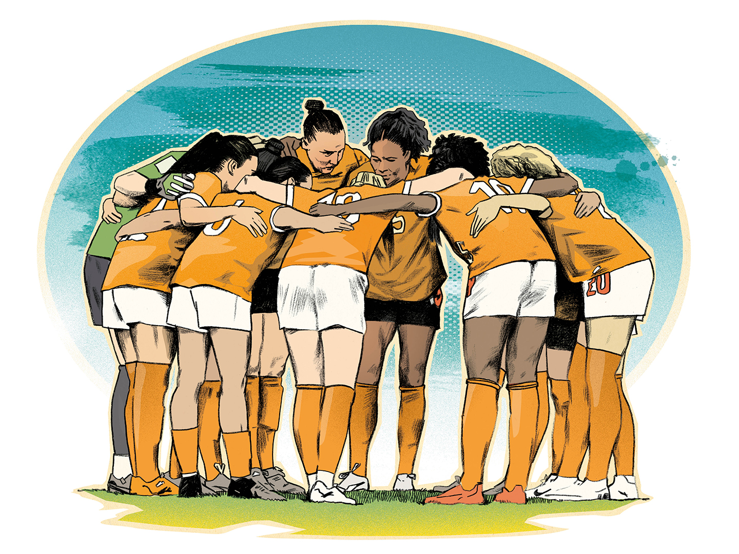 Eine Gruppe von acht weiblichen Fußballspielern in orangefarbenen Trikots steht eng zusammen und umarmt sich. Sie wirken motiviert und konzentriert, während sie sich auf ein bevorstehendes Spiel vorbereiten. Der Hintergrund ist in sanften Farben gehalten.