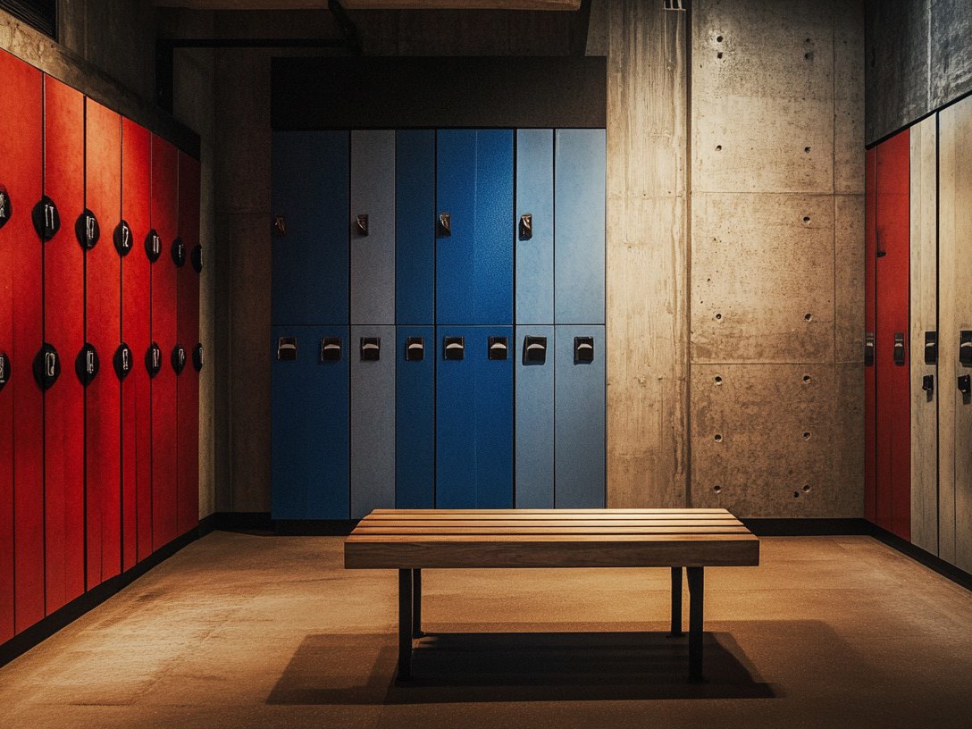 Ein Umkleideraum mit roten und blauen Schließfächern an den Wänden. In der Mitte steht eine Holzbank. Die Wände sind aus Beton, und der Raum hat eine gedämpfte Beleuchtung.