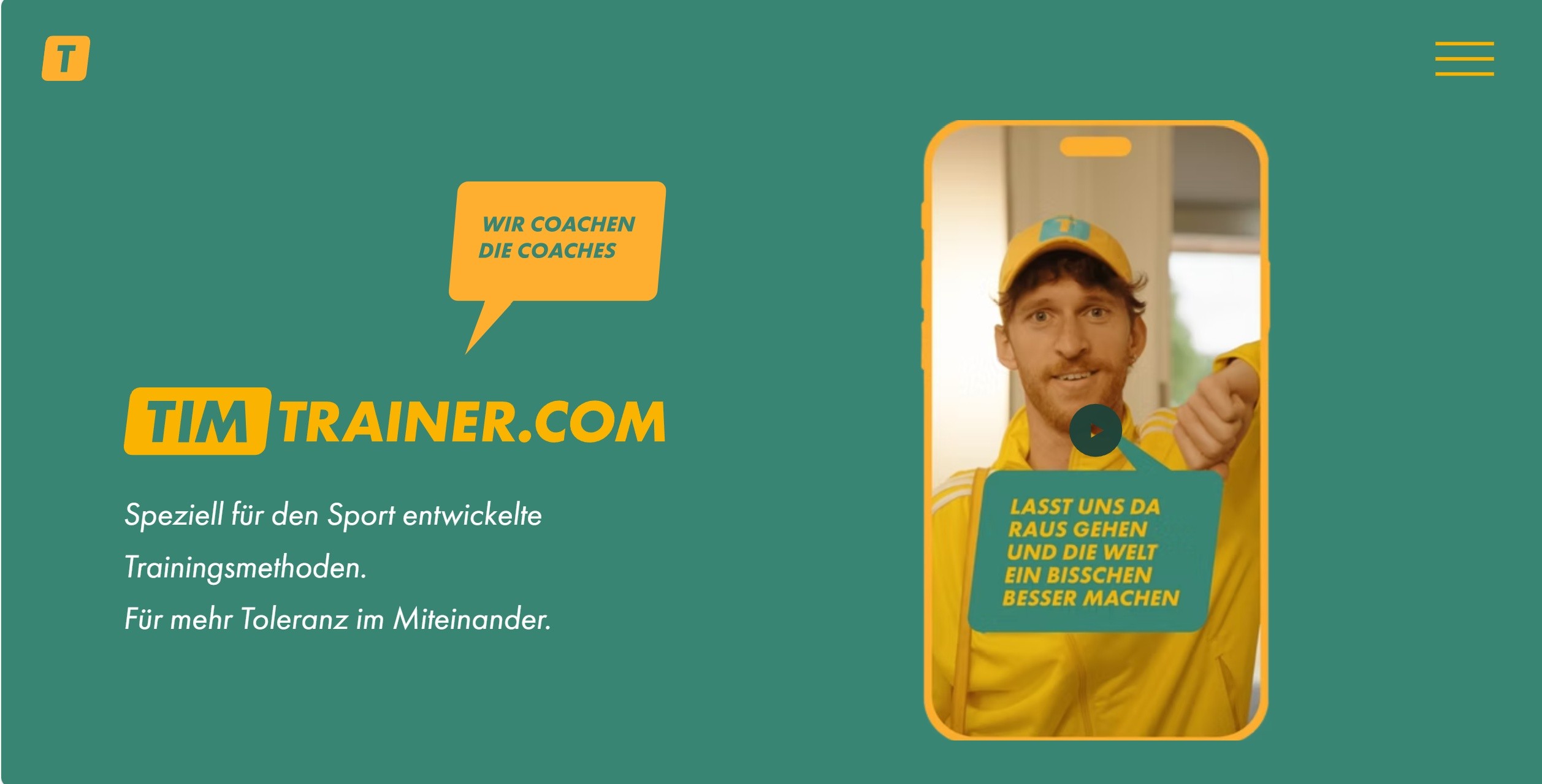 Website-Titel 'TIM TRAINER.COM' mit Slogan 'Wir coachen die Coaches' und Text zu sportlichen Trainingsmethoden für mehr Toleranz
