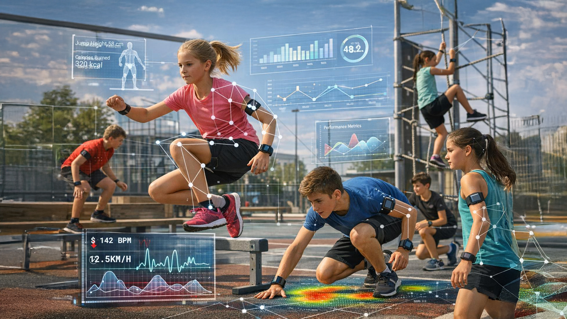Eine Gruppe von Kindern trainiert auf einem Sportplatz. Einige springen, während andere sich auf den Boden konzentrieren. Über ihnen sind digitale Grafiken und Datenanzeigen zu sehen, die ihre Leistung und Herzfrequenz darstellen.