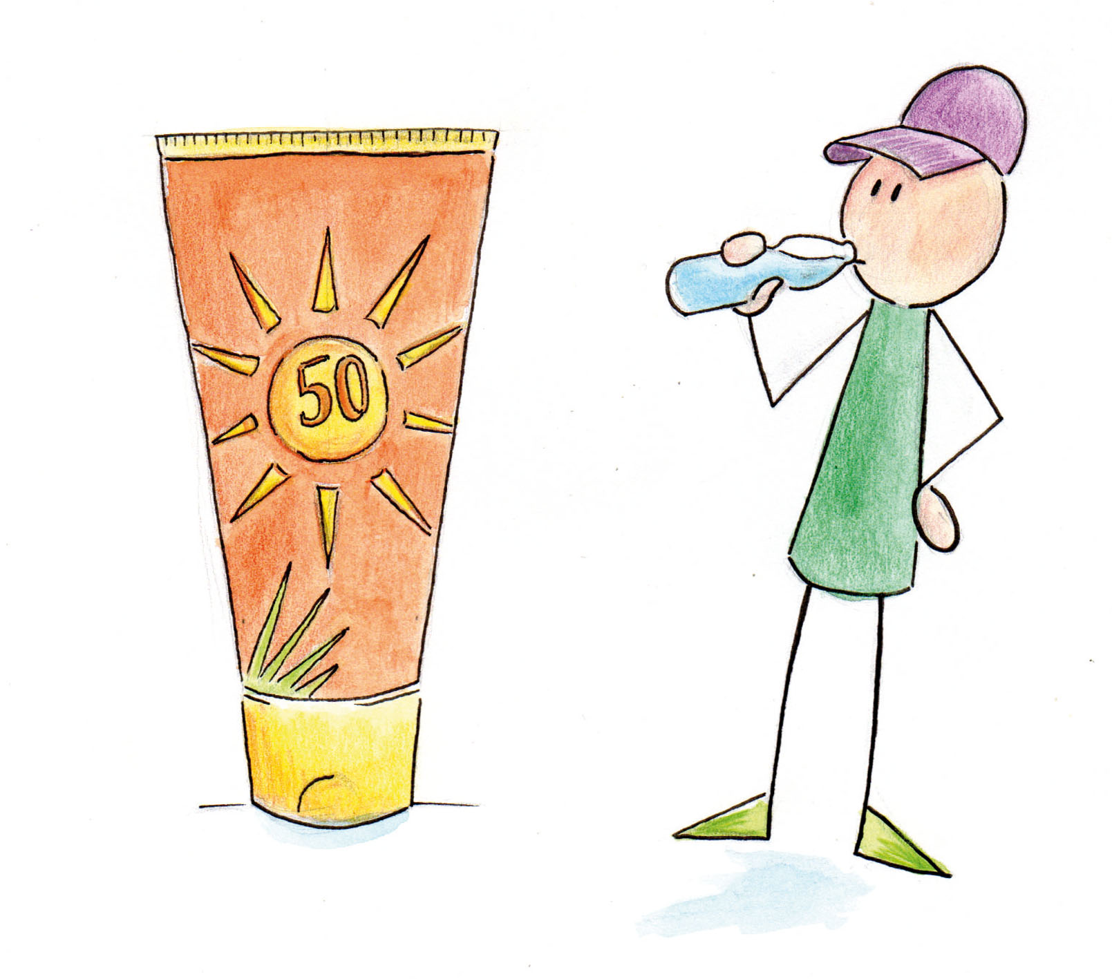 Illustration einer Person, die aus einer Flasche trinkt; daneben ist eine Sonnencreme mit Lichtschutzfaktor 50 dargestellt, als Hinweis auf Sonnenschutz und ausreichendes Trinken im Alltag.