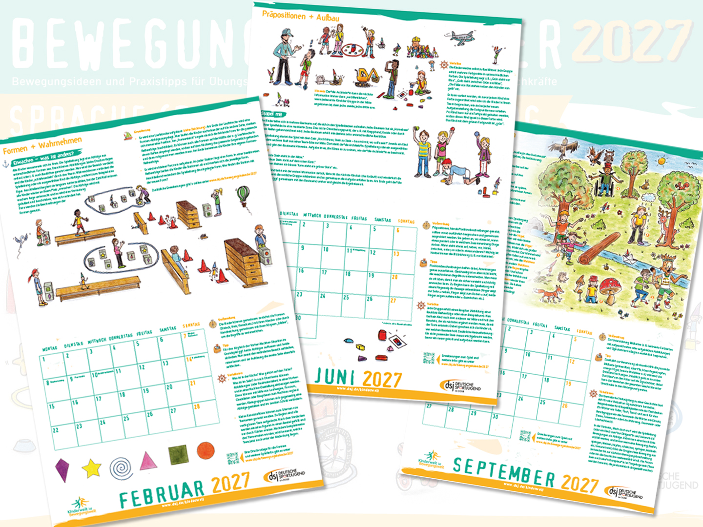 Drei Kalenderblätter für 2027, die verschiedene Aktivitäten und Spiele zeigen. Die Monate Februar, Juni und September sind abgebildet, mit Illustrationen von Menschen, die sich bewegen und spielen, sowie einem Kalenderlayout mit Kästchen für die Tage.