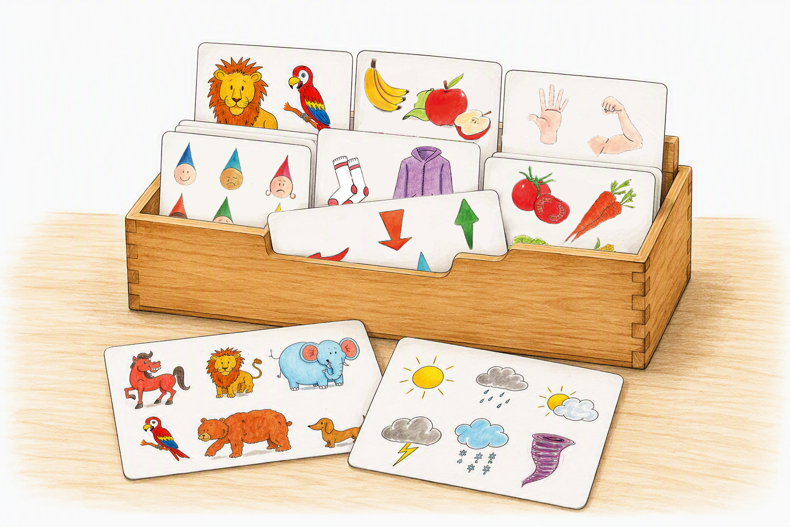 Eine Holzkiste mit verschiedenen Karten, die bunte Illustrationen von Tieren, Obst, Menschen und Wetterphänomenen zeigen. Einige Karten liegen außerhalb der Kiste, während andere darin angeordnet sind.