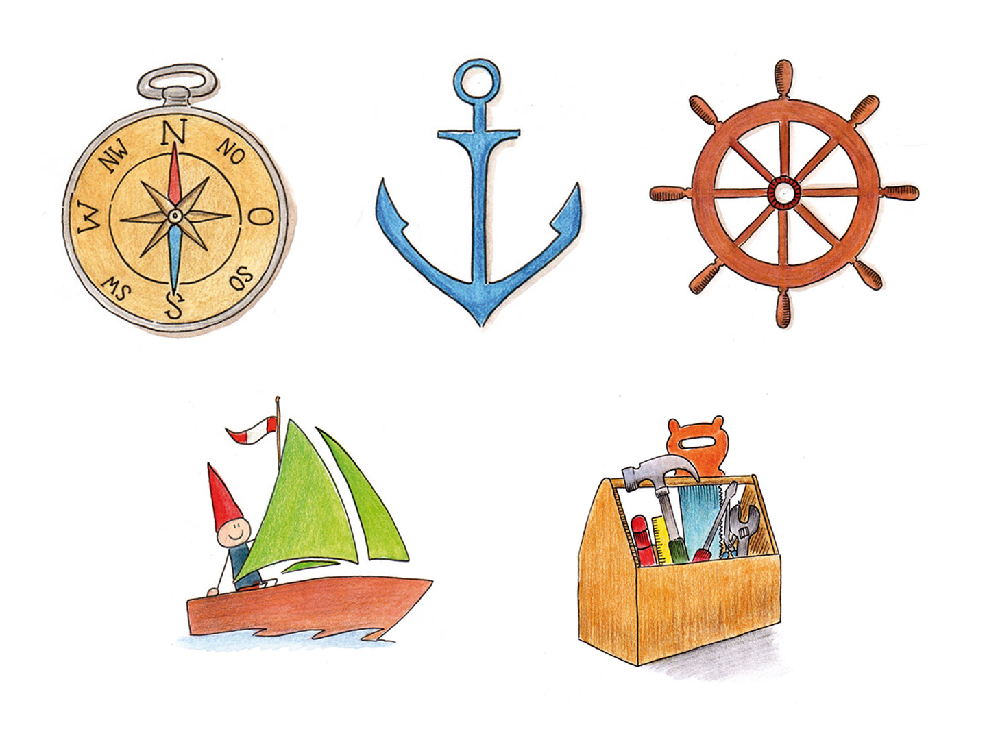 Eine Illustration mit fünf maritimen Symbolen: ein Kompass, ein Anker, ein Steuerrad, ein kleines Segelboot mit einer Figur und eine Werkzeugkiste mit verschiedenen Werkzeugen.