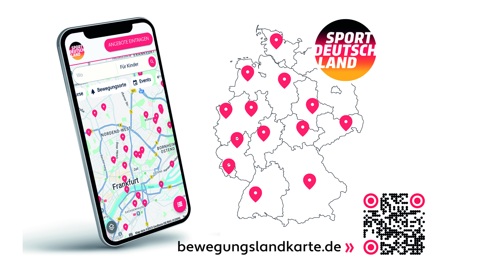 Ein Smartphone zeigt eine interaktive Karte mit verschiedenen Standorten in Deutschland, markiert durch pinke Punkte. Daneben ist eine vereinfachte Karte von Deutschland mit ähnlichen Markierungen zu sehen. Unten befindet sich ein QR-Code und die Website "bewegungslandkarte.de".