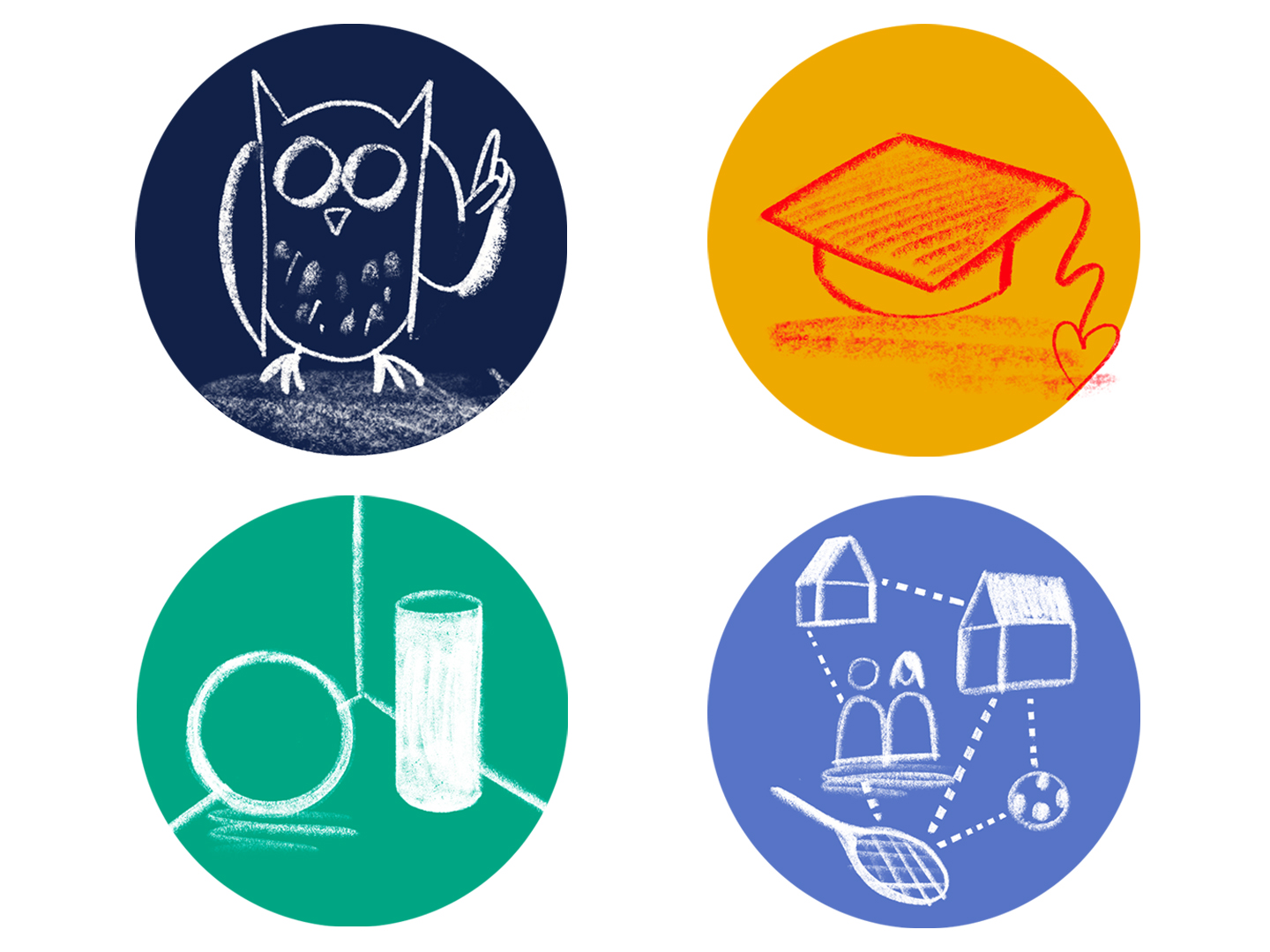Vier runde Illustrationen: oben links eine Eule mit einem erhobenen Zeigefinger, oben rechts ein Abschlusshut, unten links ein Kreis und ein Glas, unten rechts eine Darstellung von Häusern, Menschen und einem Ball.