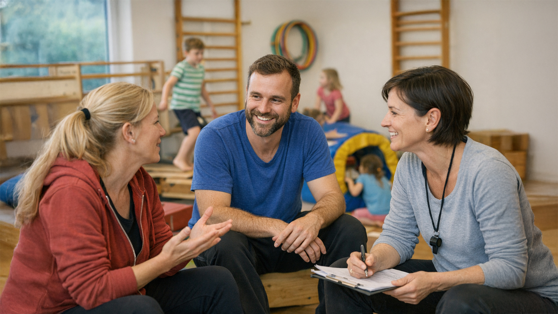 Drei Erwachsene sitzen in einem Raum mit Spielgeräten. Zwei Frauen und ein Mann lachen und unterhalten sich. Eine Frau macht sich Notizen. Im Hintergrund spielen Kinder.