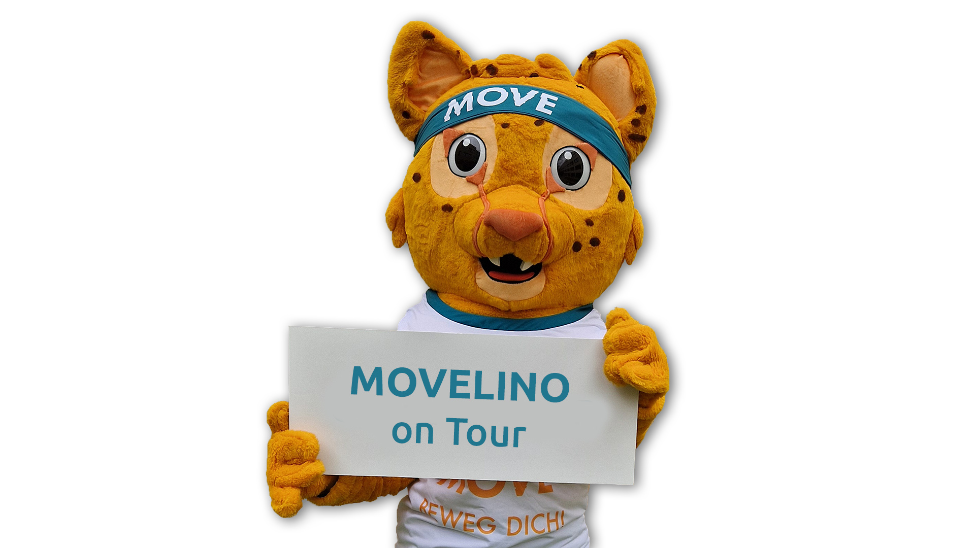 Maskottchen Movelino hält ein Schild mit der Aufschrift ‚MOVELINO on Tour‘ und wirbt für die Bewegungs‑ und Sportaktion MOVE