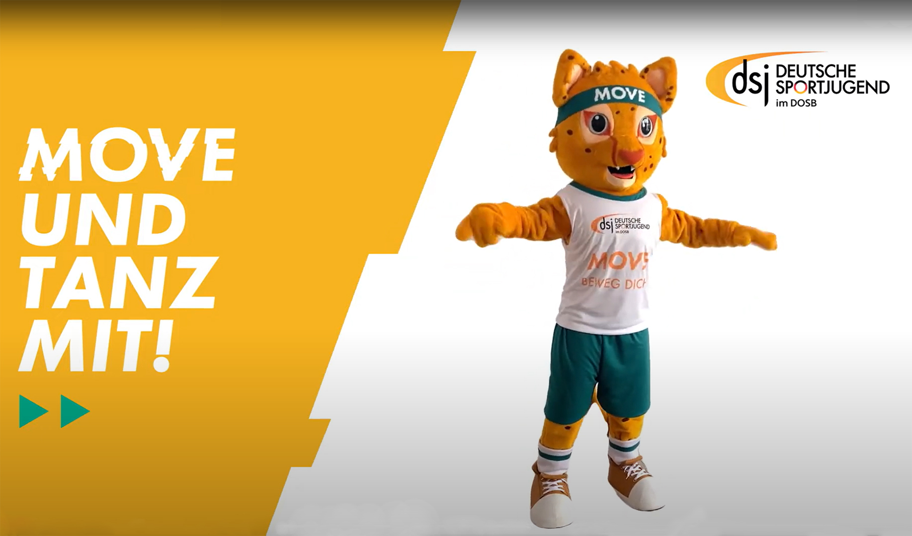 MOVELINO-Maskottchen mit MOVE-Stirnband und Sportkleidung tanzt für die Deutsche Sportjugend im DOSB