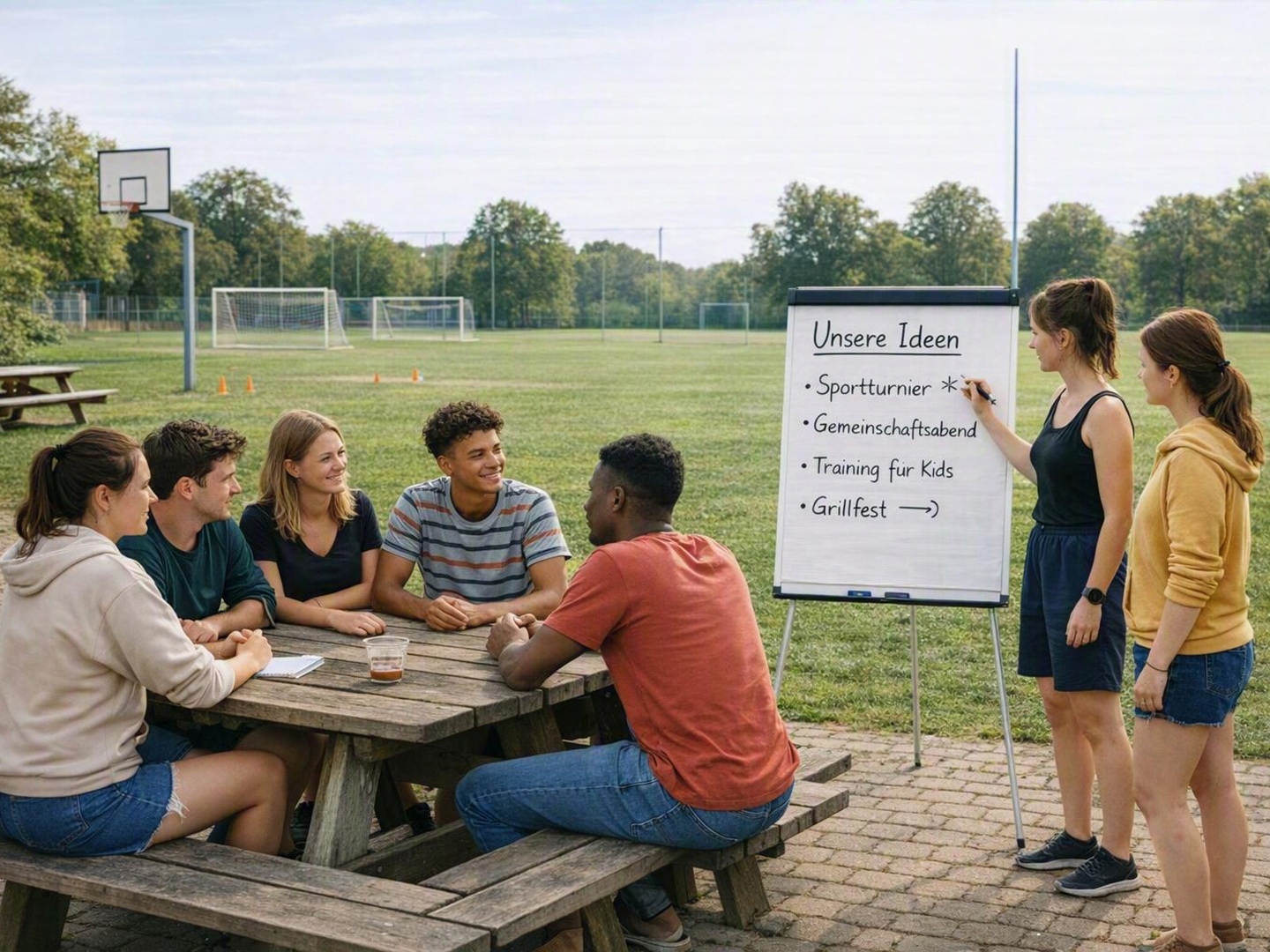 Eine Gruppe junger Menschen sitzt an einem Tisch im Freien und diskutiert Ideen. Eine Person zeigt auf ein Flipchart mit Vorschlägen wie Sportturnier, Gemeinschaftsabend, Training für Kinder und Grillfest. Im Hintergrund sind Fußballfelder zu sehen.