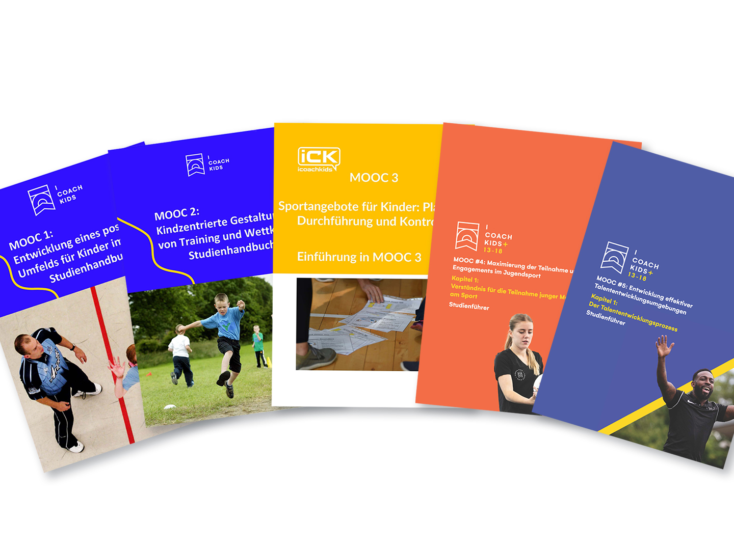 Eine Sammlung von sechs Broschüren zu verschiedenen Themen im Bereich Sport und Training für Kinder. Die Titel umfassen MOOC 1 bis MOOC 3 und behandeln Aspekte wie Durchführung, Kontrolle und Gestaltung von Trainingseinheiten. Die Broschüren sind farblich unterschiedlich gestaltet.