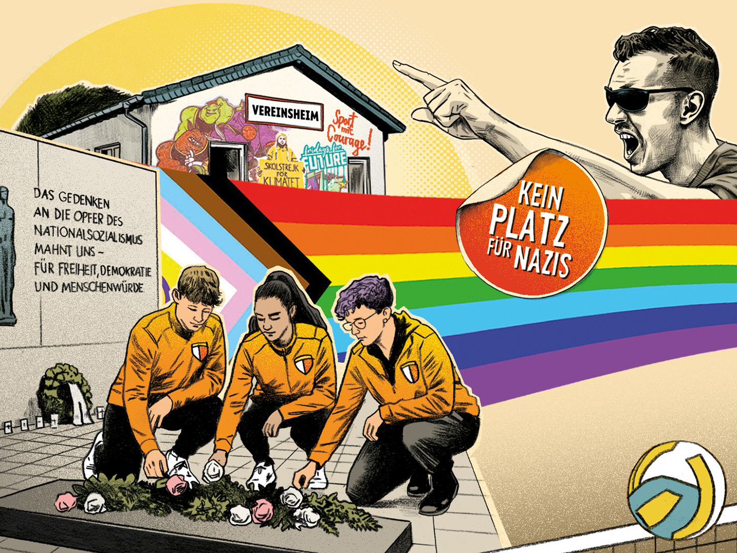 Drei Personen in Sportkleidung legen Blumen an einem Denkmal nieder. Im Hintergrund ist ein Gebäude mit Graffiti zu sehen. Ein Mann schreit in einem Sprechblasen-Design "KEIN PLATZ FÜR NAZIS". Regenbogenfarben verlaufen diagonal durch das Bild, das eine Botschaft für Freiheit und Menschenwürde vermittelt.