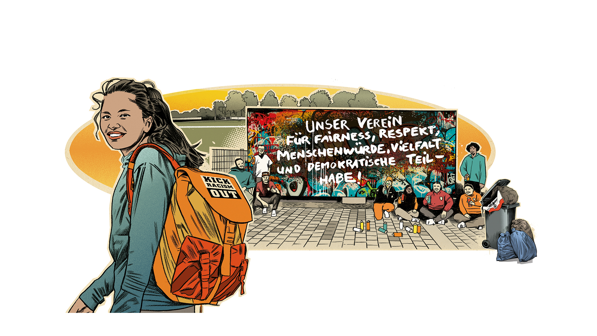 Illustration einer jungen Person mit Rucksack im Vordergrund; im Hintergrund sitzen mehrere Jugendliche vor einer bunt gestalteten Wand mit einem Graffiti-Schriftzug zu Fairness, Respekt, Menschenwürde, Vielfalt und demokratischer Teilhabe. Die Szene vermittelt Engagement, Gemeinschaft und gesellschaftliche Werte im öffentlichen Raum.