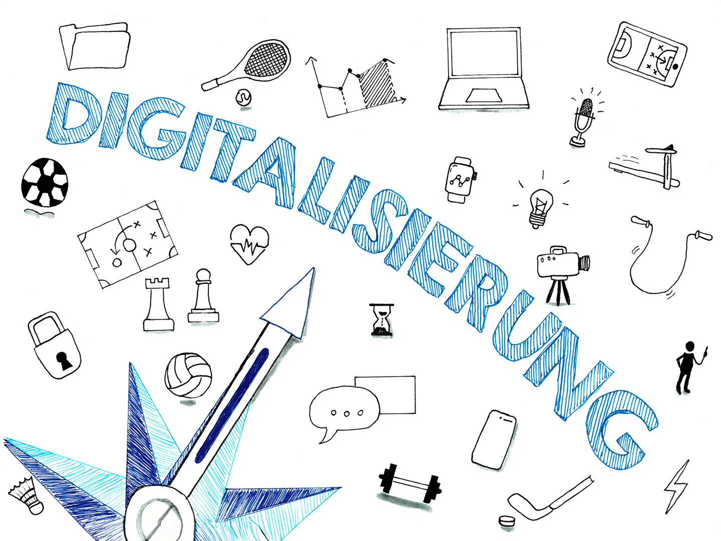 Eine bunte Illustration mit dem Wort "DIGITALISIERUNG" in großen Buchstaben. Um das Wort herum sind verschiedene Symbole und Icons angeordnet, darunter Sportgeräte, technische Geräte, Lichtideen und andere alltägliche Gegenstände, die Digitalisierung und moderne Technologien repräsentieren.