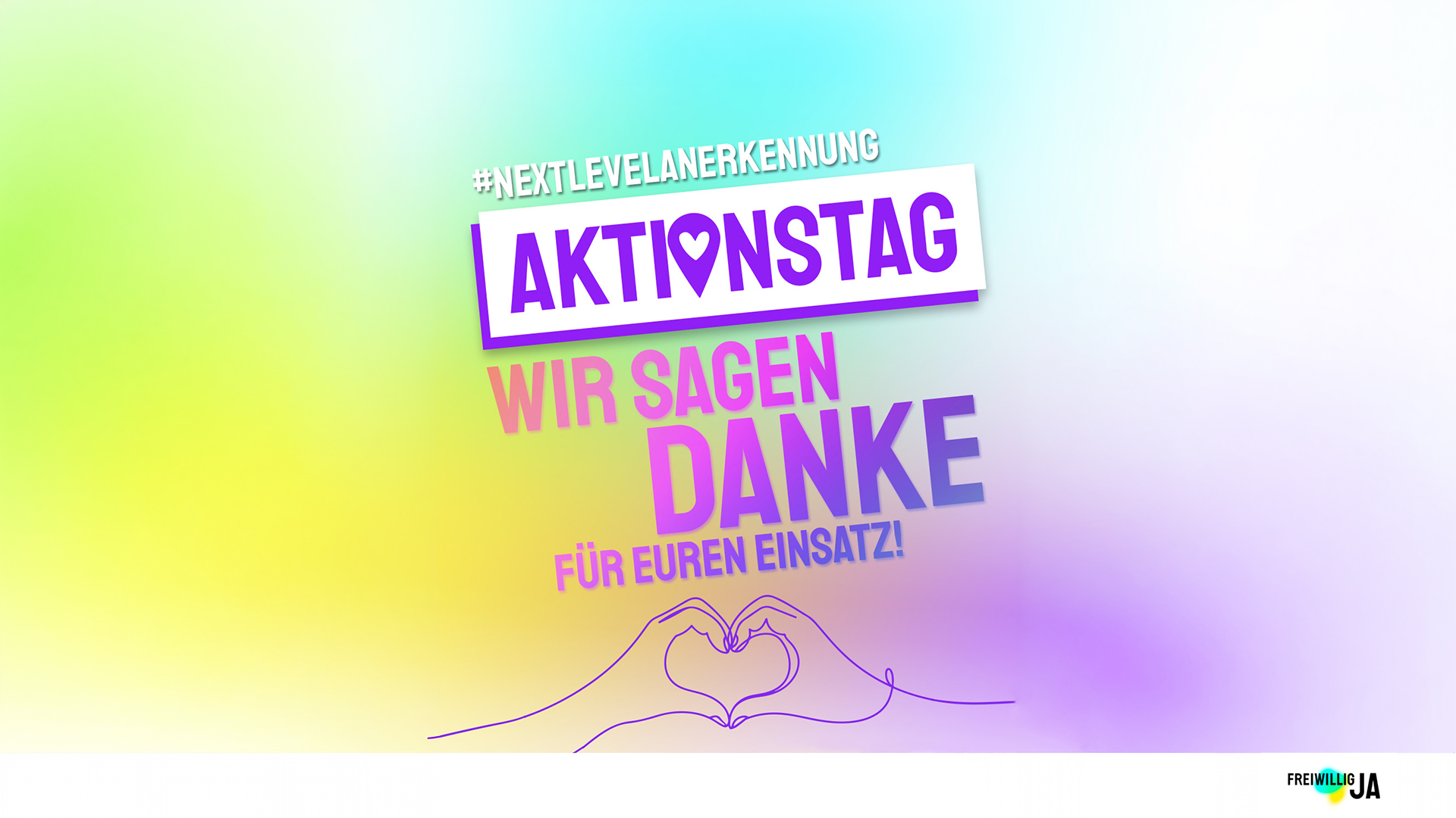 Grafische Darstellung zum Aktionstag „Anerkennung für Freiwillige“ mit farbigem Hintergrund und der Botschaft „Aktionstag – Wir sagen Danke für euren Einsatz!“ als Symbol für Wertschätzung und Anerkennung von Freiwilligen.