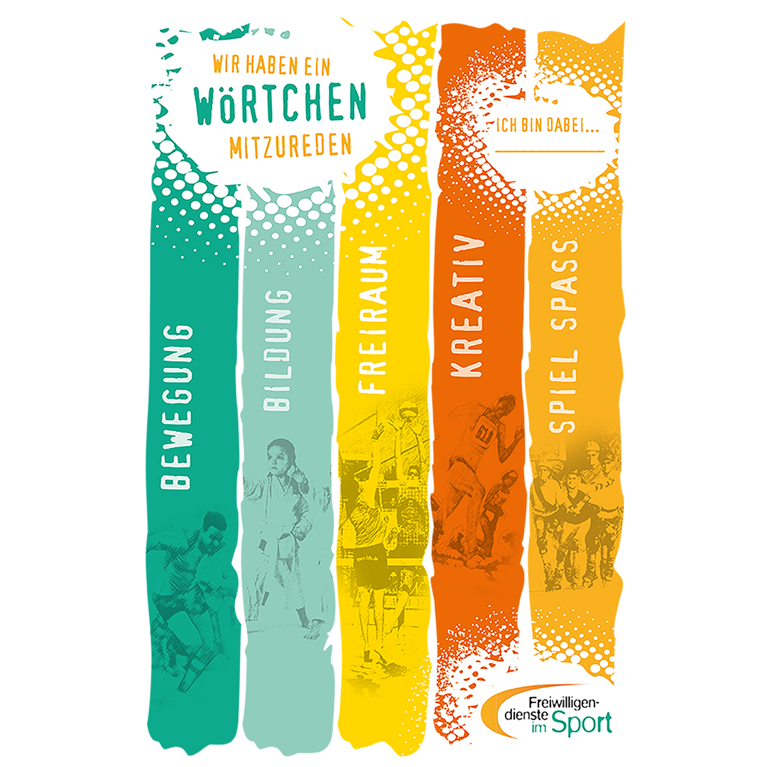 Mappe für Freiwilligendienstleistende im Sport mit farbigen Themenbereichen wie Bewegung, Bildung, Freiraum, Kreativ sowie Spiel und Spaß.