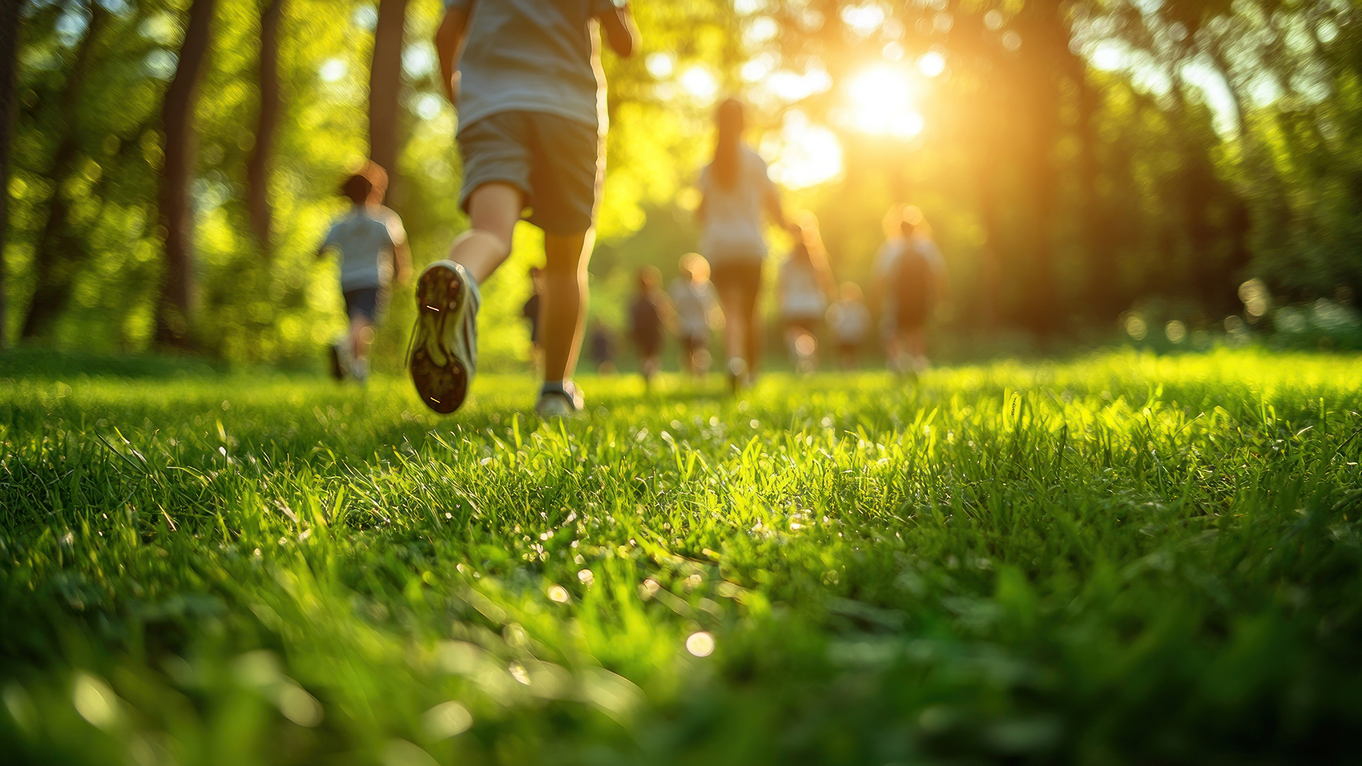Eine Gruppe von Kindern läuft fröhlich über eine grüne Wiese im Sonnenlicht. Die Bäume im Hintergrund sind in sanftem Licht beleuchtet, während die Kinder in lockerer Kleidung und kurzen Hosen unterwegs sind.