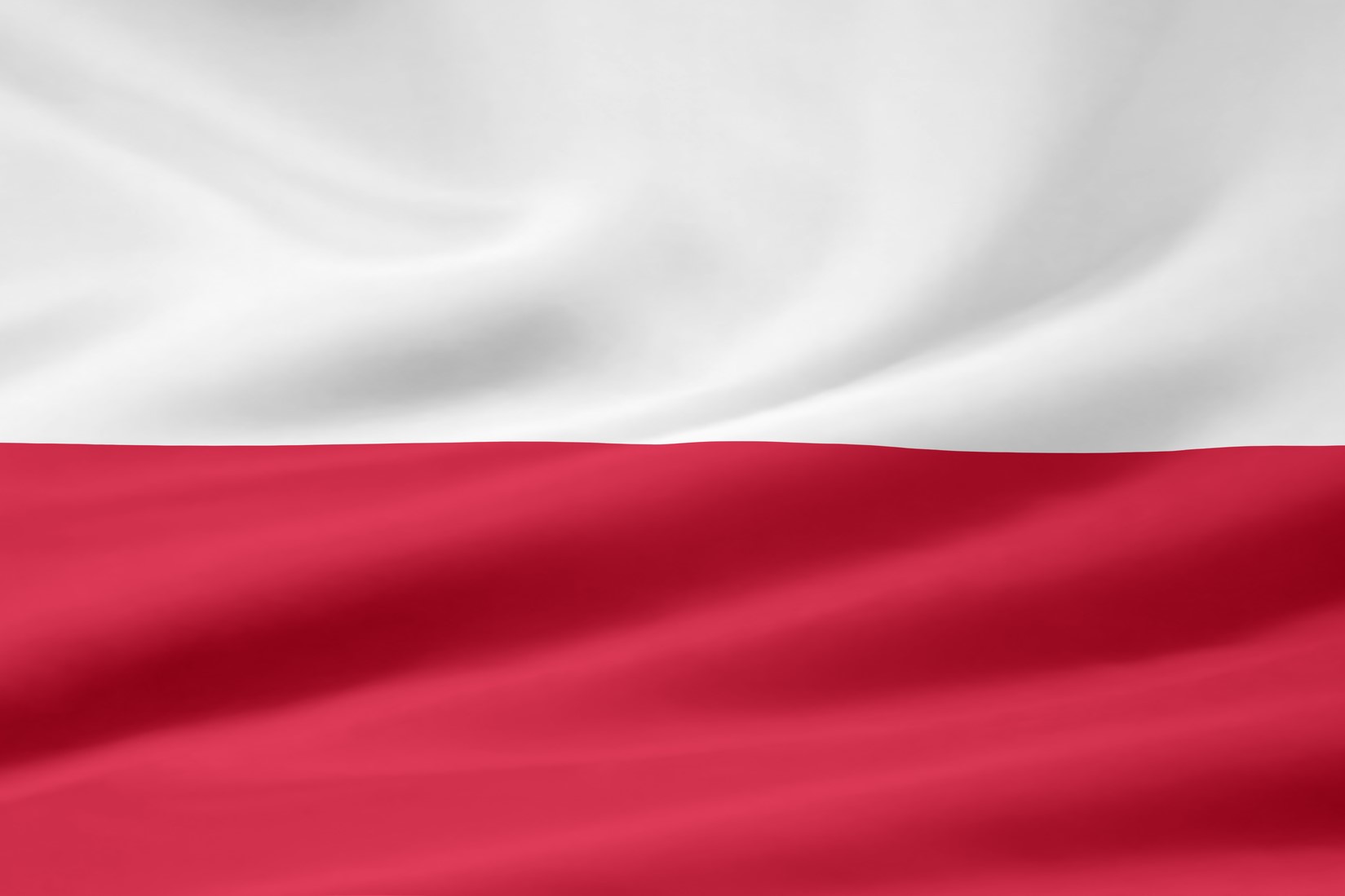 Flagge Polens mit zwei horizontalen Streifen in Weiß oben und Rot unten, leicht gewellt dargestellt. 