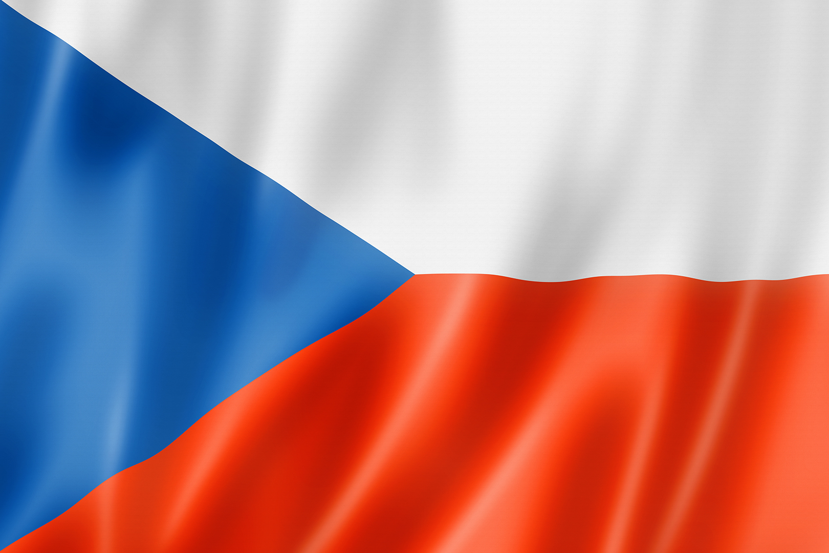 Flagge der Tschechischen Republik in den Farben Weiß, Rot und Blau, leicht gewellt dargestellt.