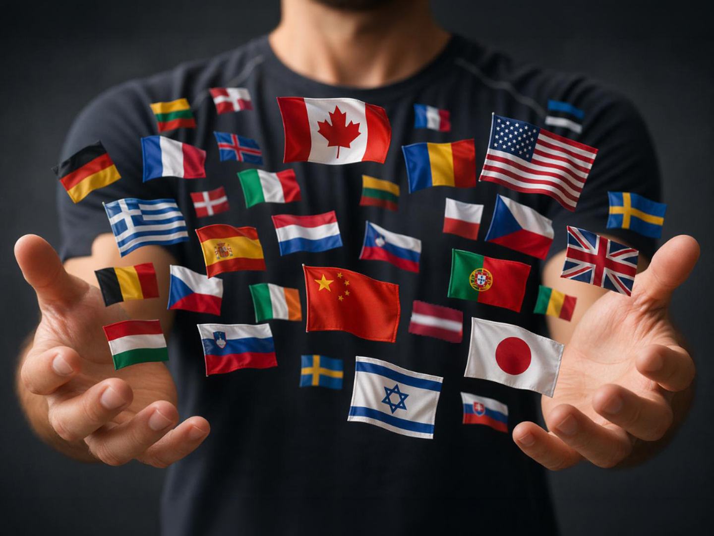 Ein Mann mit einem dunklen T-Shirt hält seine Hände offen, während zahlreiche Flaggen verschiedener Länder in der Luft schweben. Die Flaggen sind bunt und repräsentieren eine Vielzahl von Nationen.