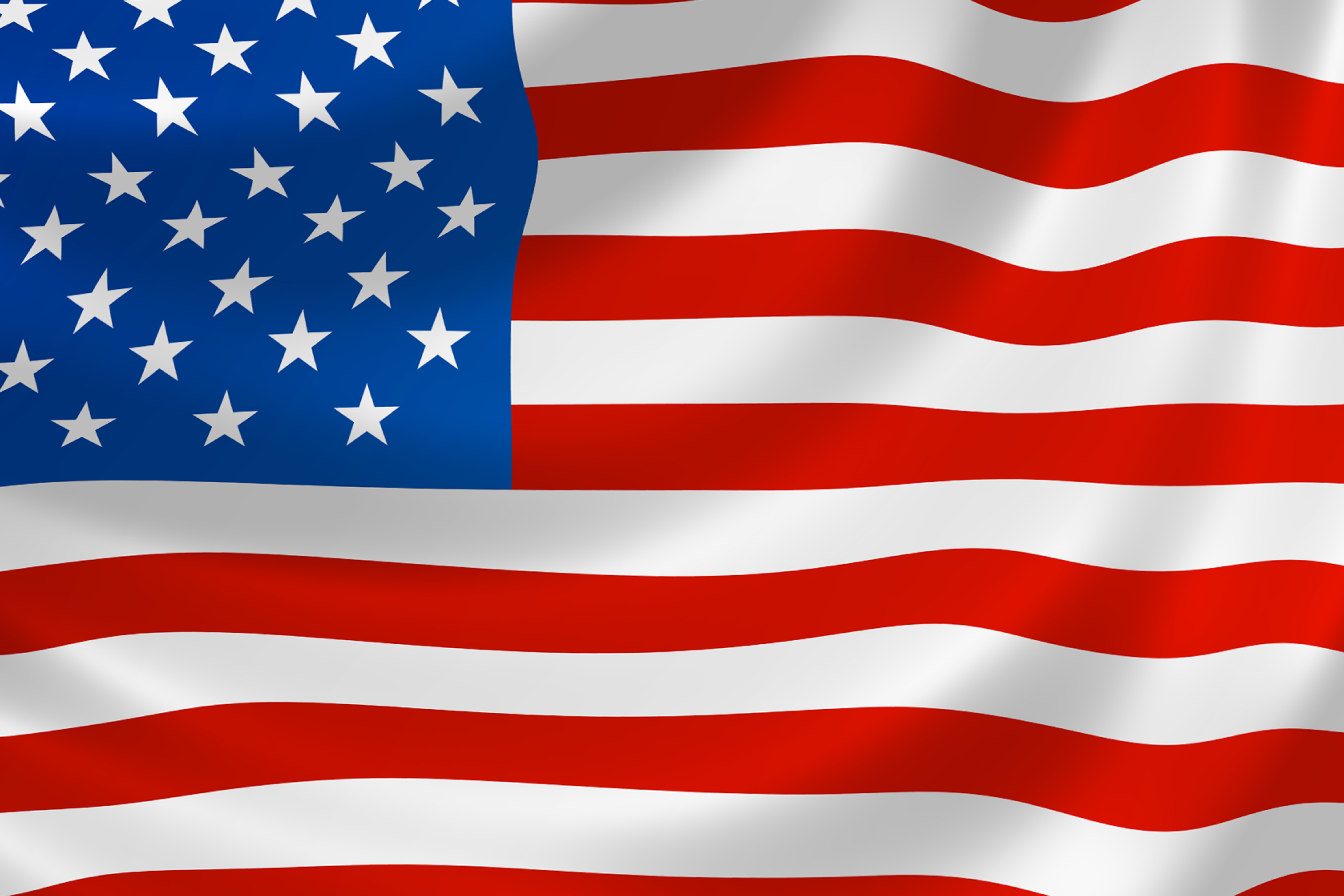 Flagge der Vereinigten Staaten von Amerika mit roten und weißen Streifen sowie blauem Feld mit weißen Sternen, leicht gewellt dargestellt. 