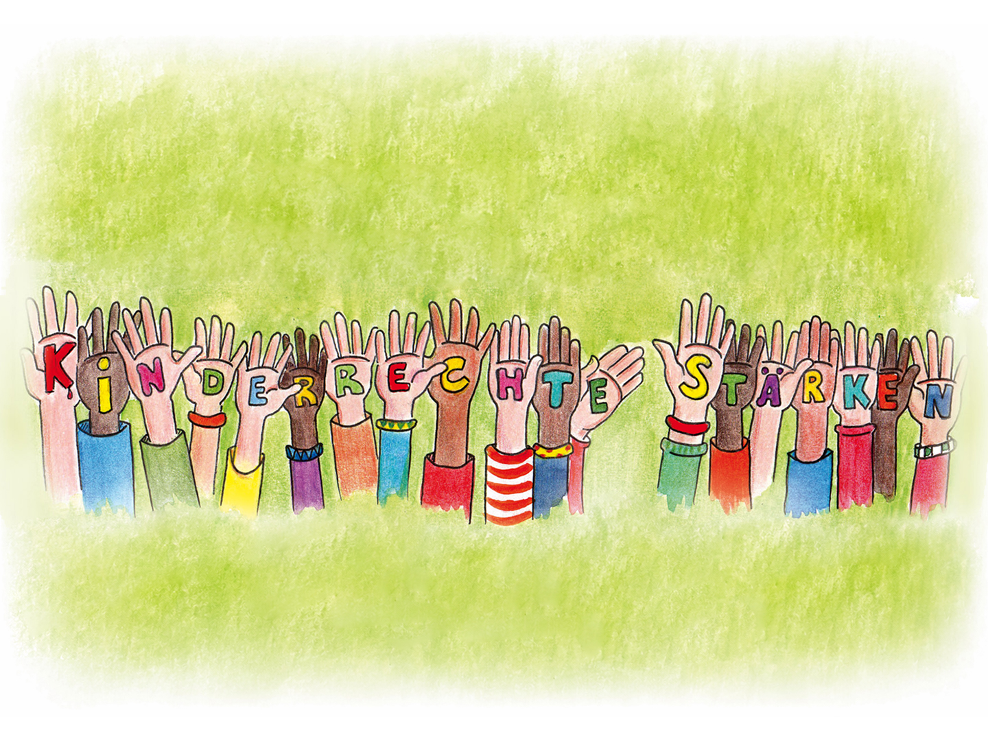 Bunte Hände heben sich in die Luft und bilden den Schriftzug "Kinderrechte stärken". Die Hände sind in verschiedenen Farben und Mustern gestaltet, vor einem sanften, grünen Hintergrund.