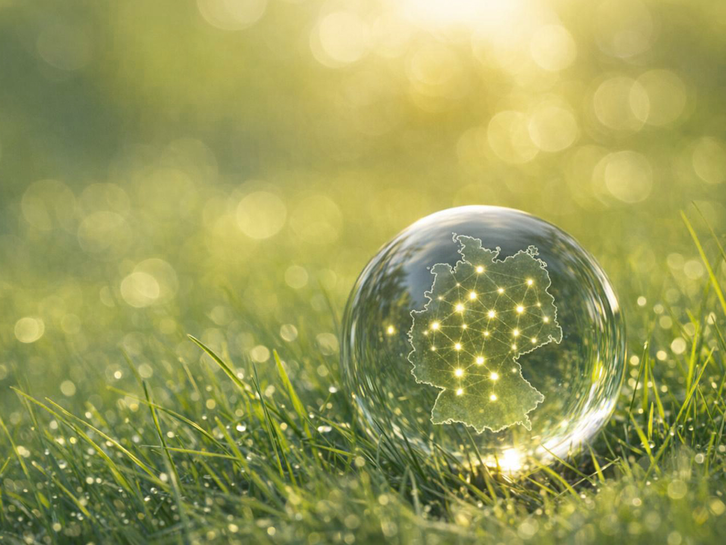 Eine gläserne Kugel liegt auf grünem Gras und zeigt eine leuchtende Karte von Deutschland mit verbundenen Punkten. Die Szene ist von sanftem Licht umgeben, was eine harmonische und futuristische Atmosphäre schafft.