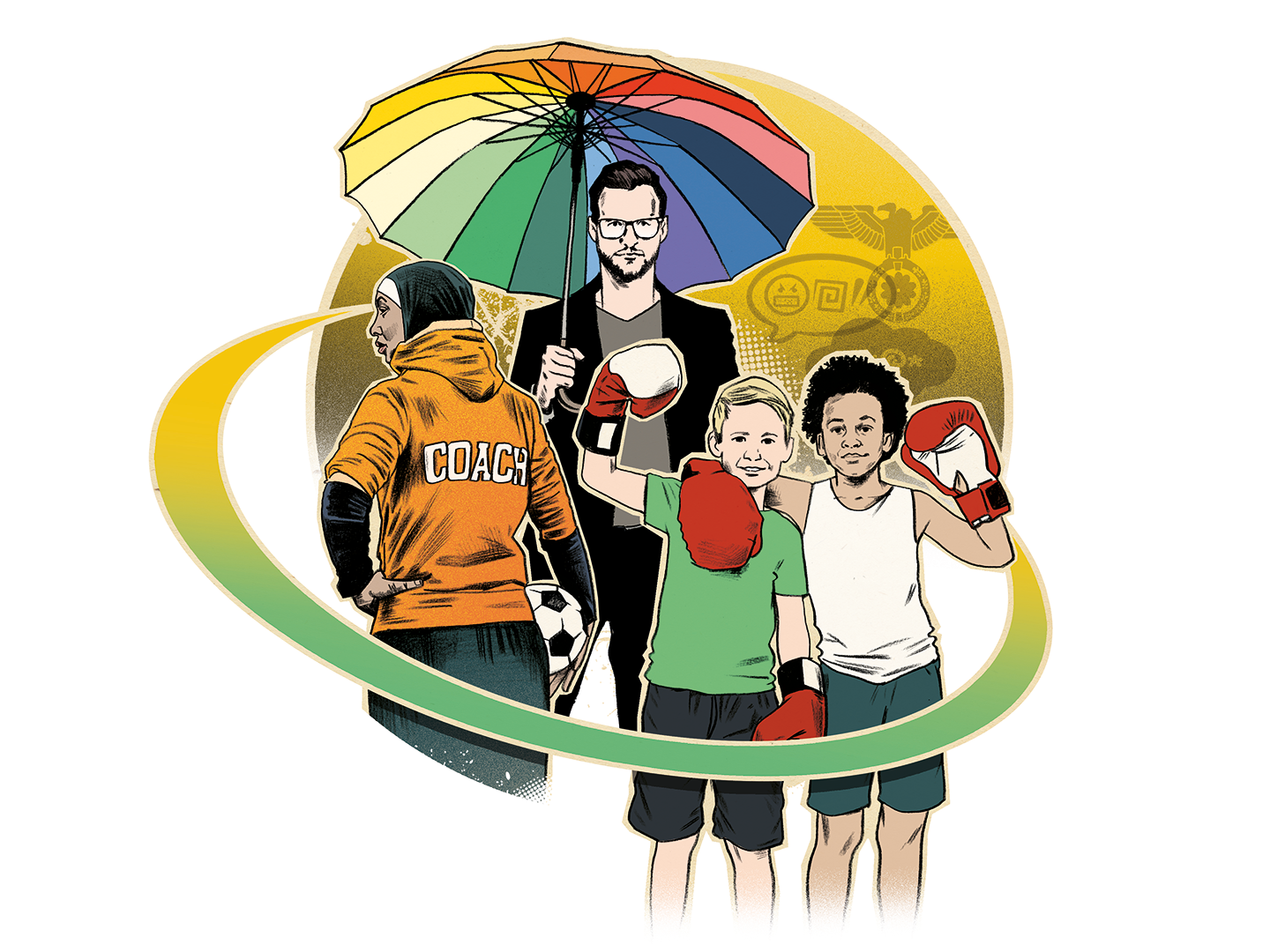 Eine Illustration zeigt einen Coach in einem orangefarbenen Hoodie, der mit einem Regenschirm steht. Neben ihm stehen zwei Kinder, die Boxhandschuhe tragen. Im Hintergrund sind sportliche Elemente angedeutet, die eine Verbindung zu verschiedenen Sportarten herstellen.