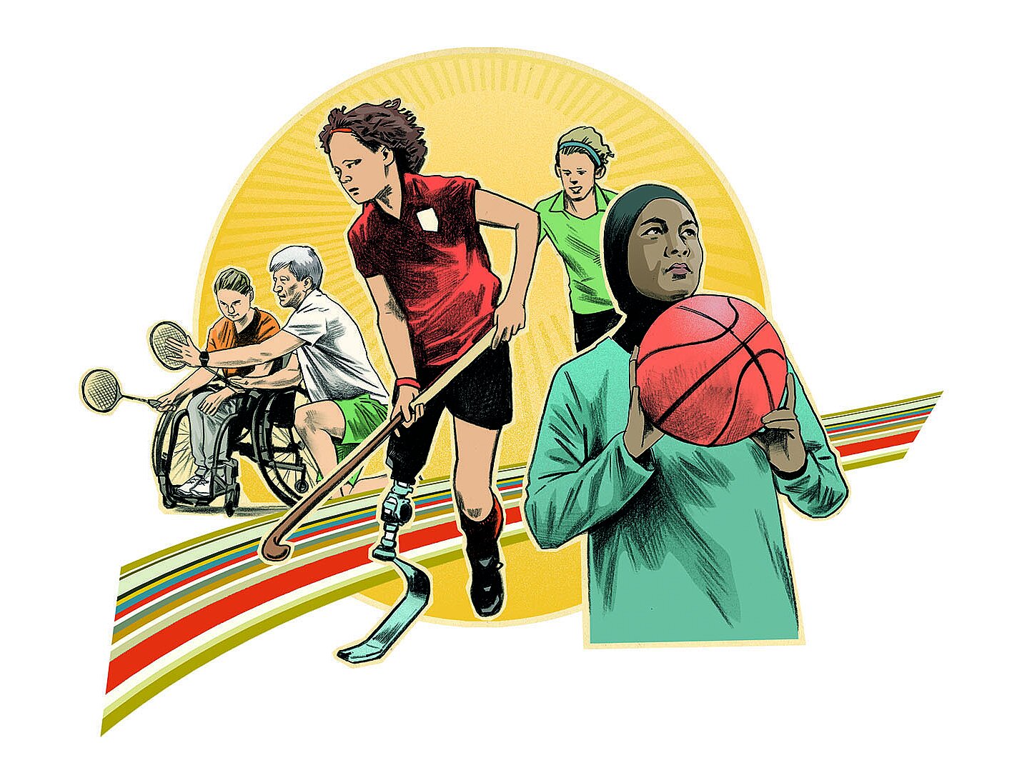 [Translate to Englisch:] Illustration verschiedener sportlicher Aktivitäten: Mehrere Kinder und Jugendliche bewegen sich gemeinsam, darunter Hockey, Basketball und Sport im Rollstuhl. Das Motiv steht für Inklusion, Vielfalt und gemeinsame Teilhabe im Sport.